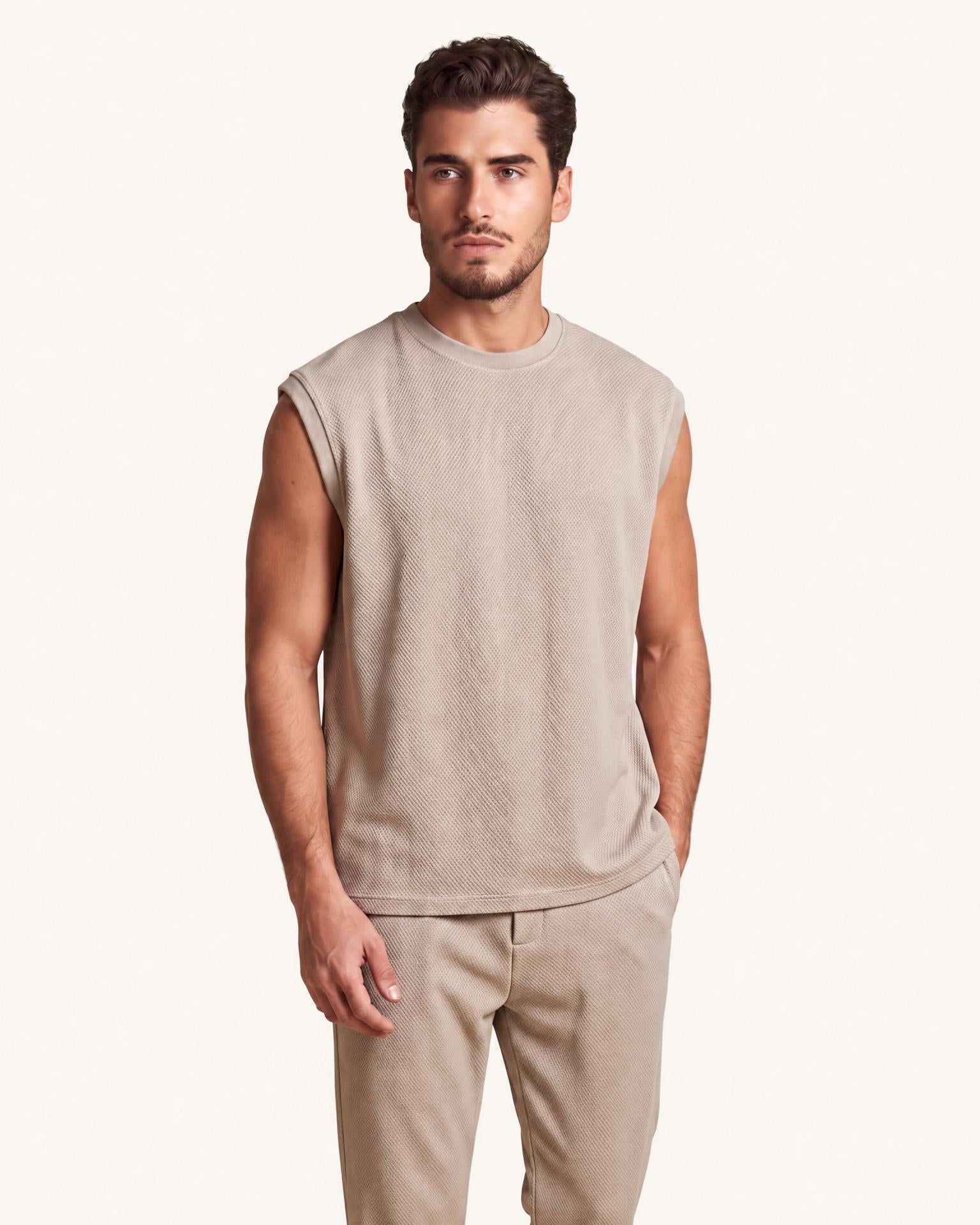 Beige Textured-Knit Vest & Trouser Set