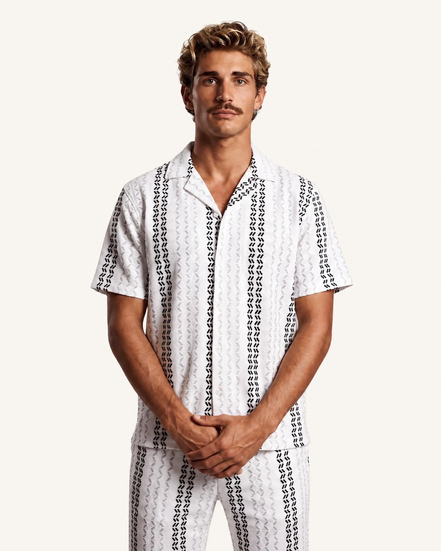 Monochrome Woven Stripe Camp Shirt & Shorts Set