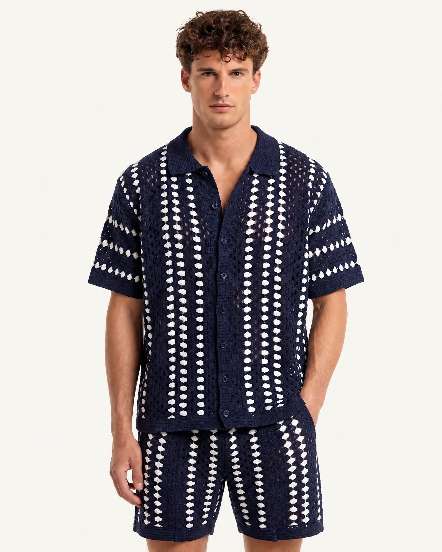 Navy Open-Knit Camp Shirt & Short Set