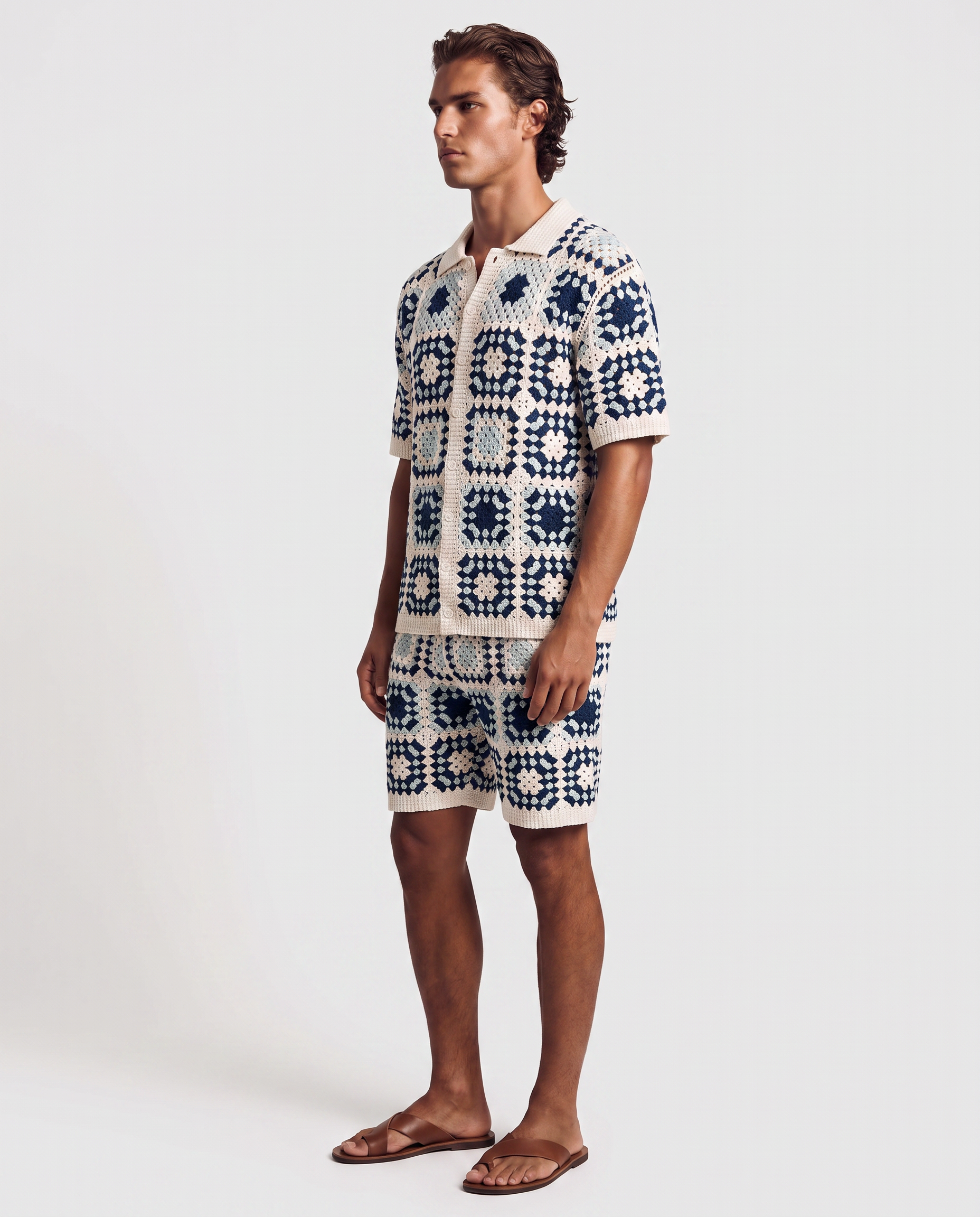 Navy Granny-Square Crochet Shirt & Short Set