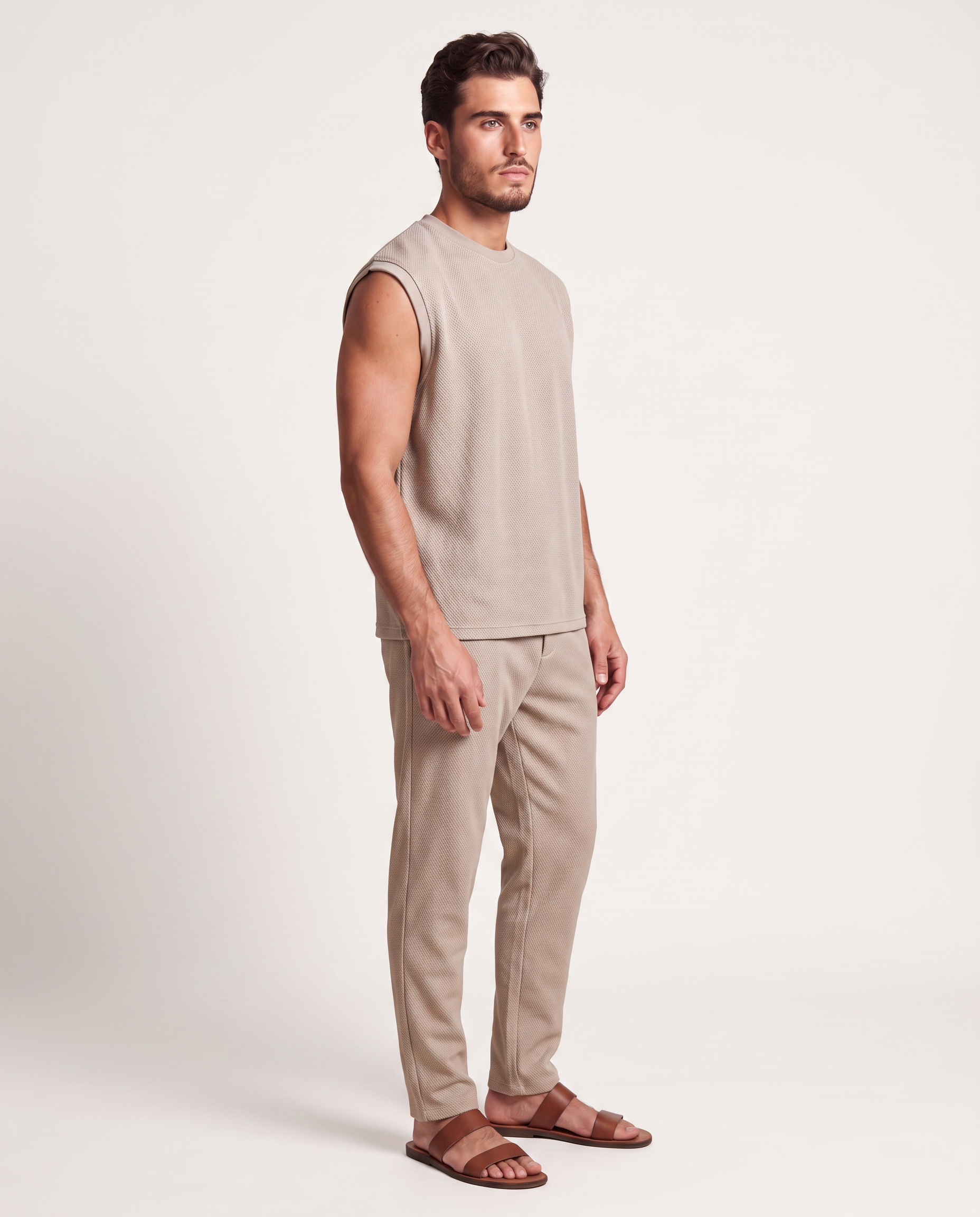 Beige Textured-Knit Vest & Trouser Set
