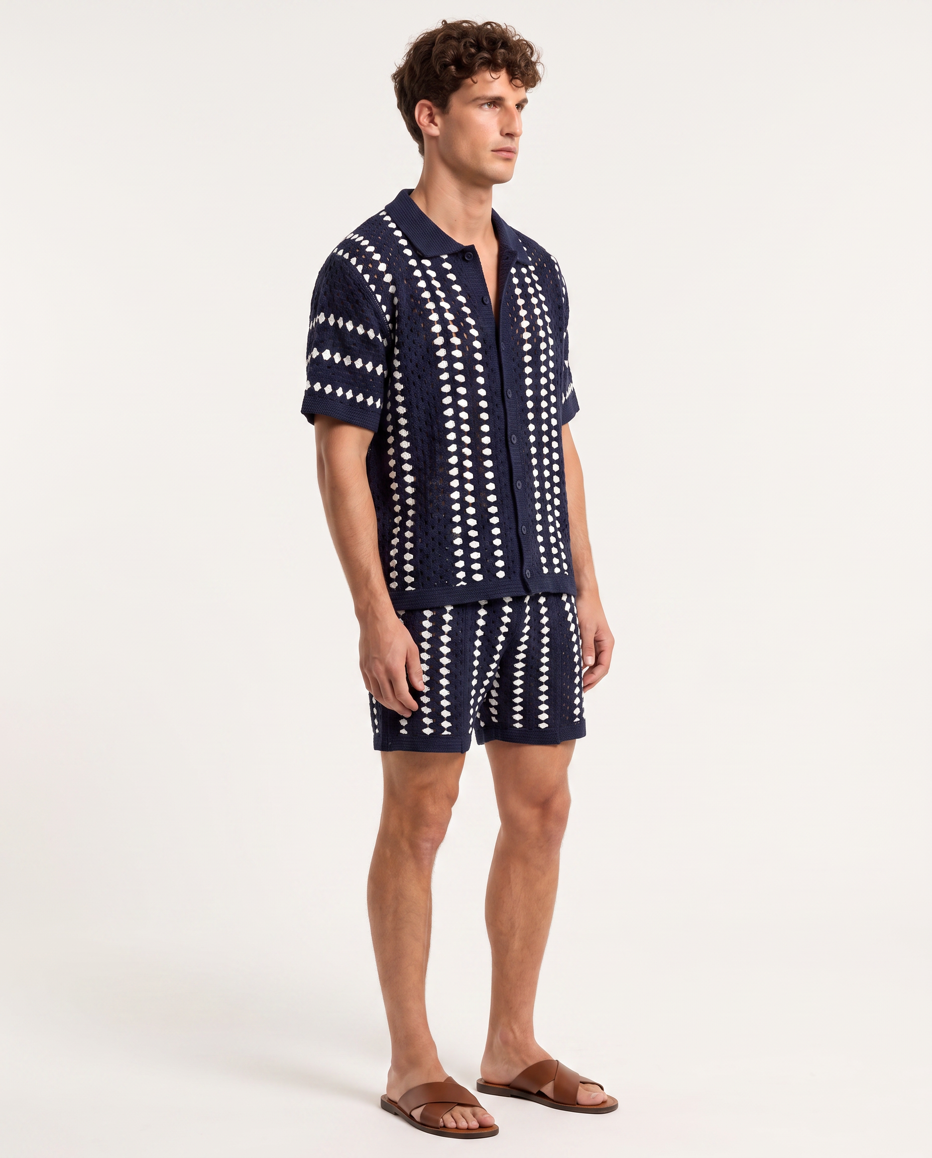 Navy Open-Knit Camp Shirt & Short Set
