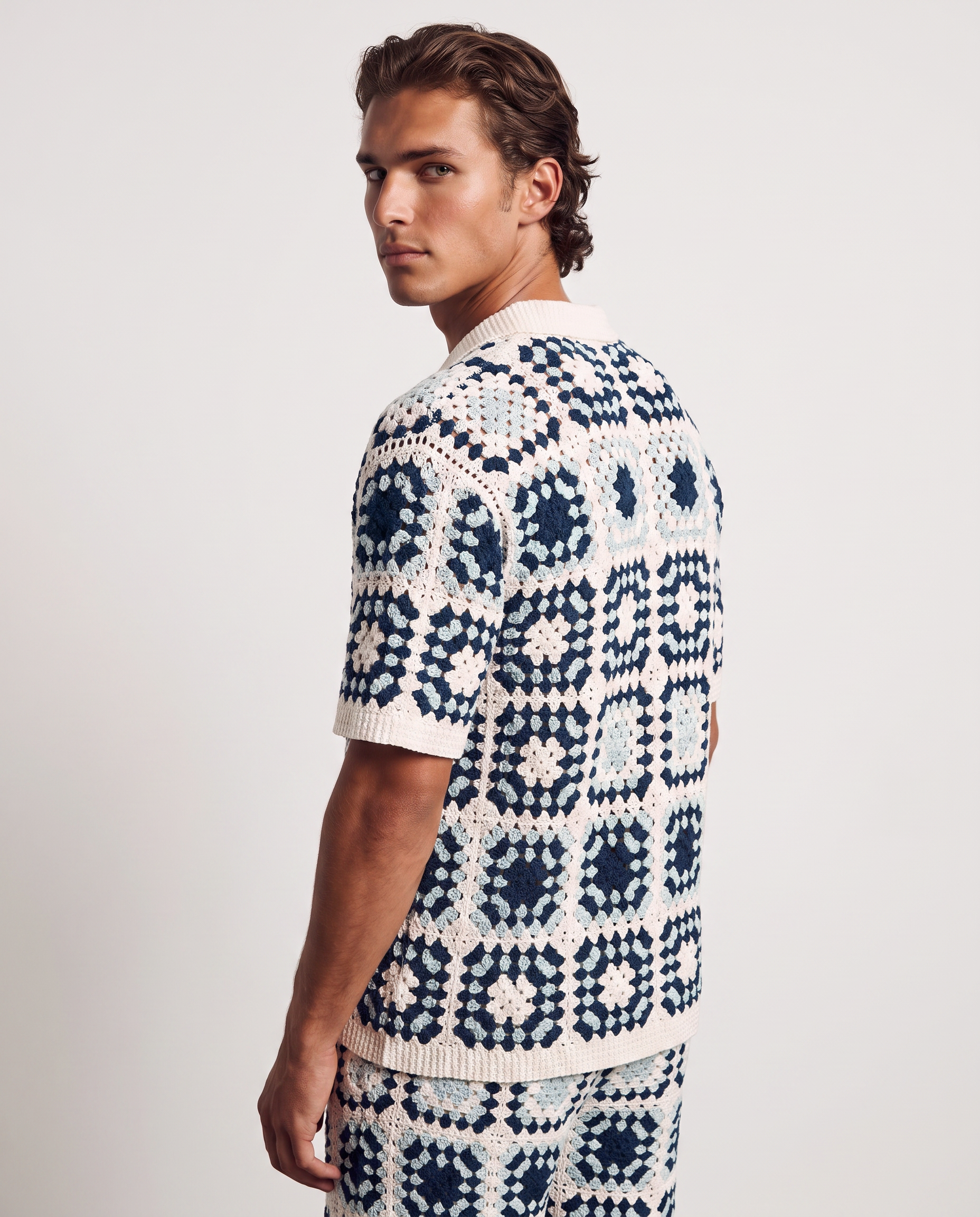 Navy Granny-Square Crochet Shirt & Short Set