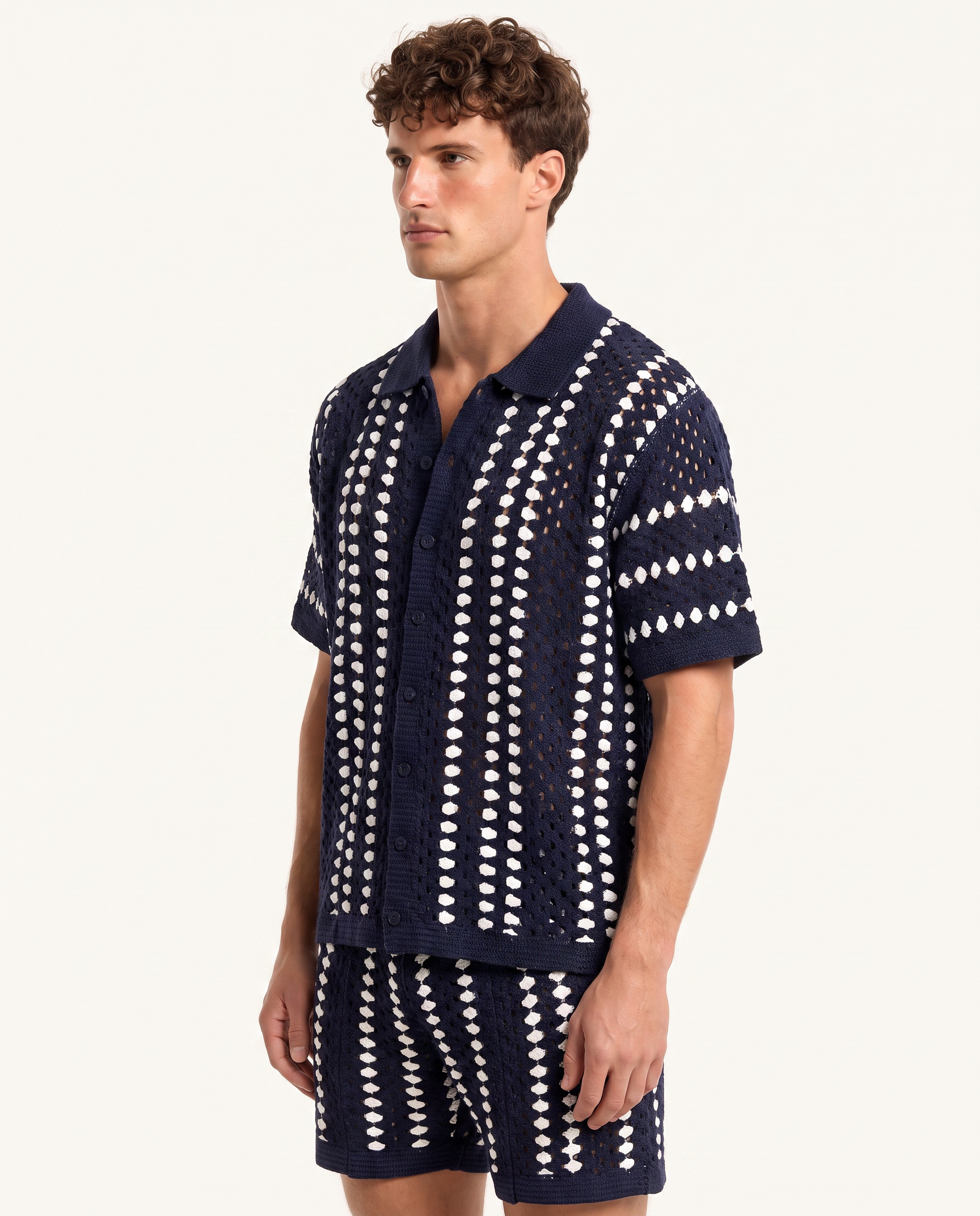 Navy Open-Knit Camp Shirt & Short Set