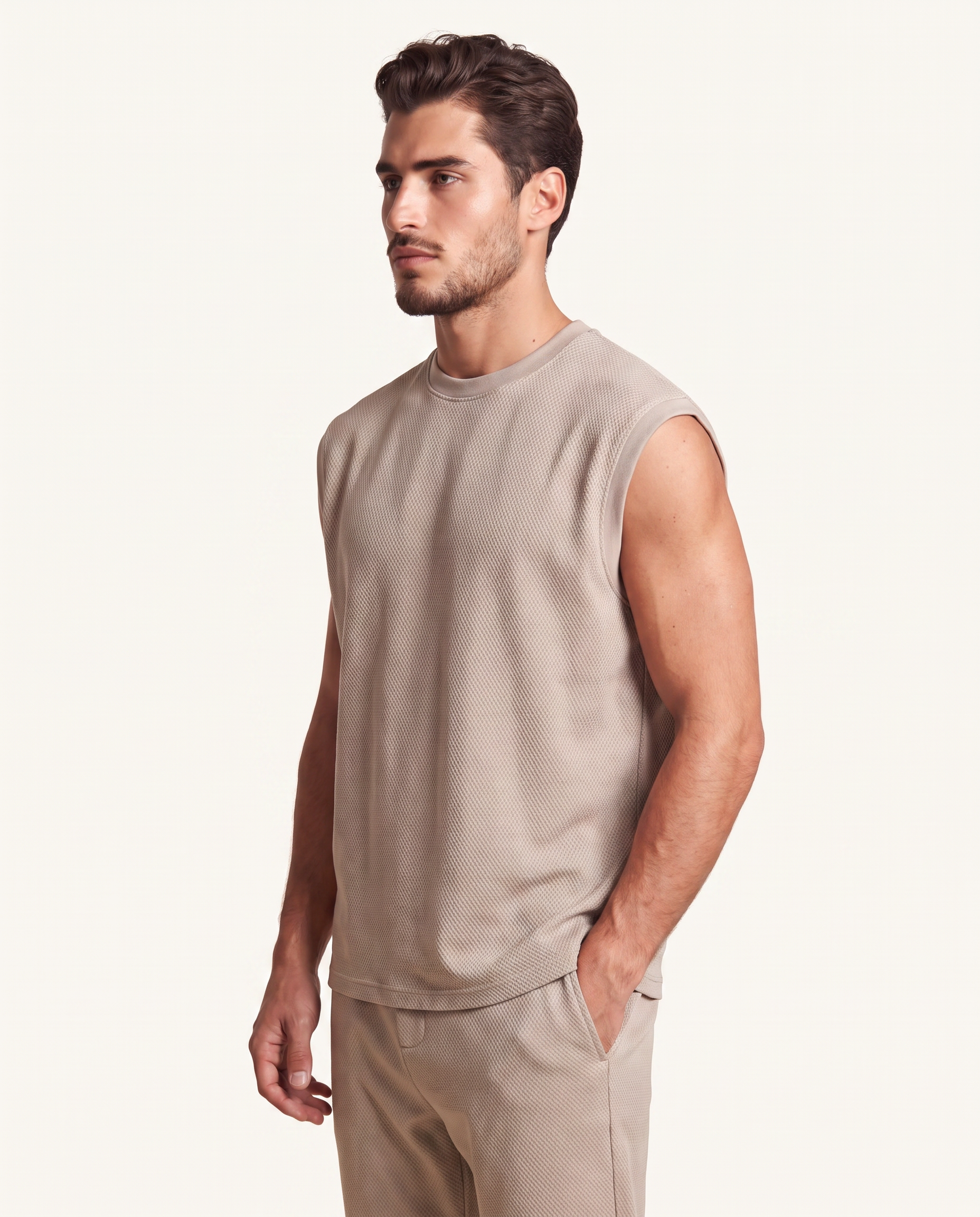 Beige Textured-Knit Vest & Trouser Set