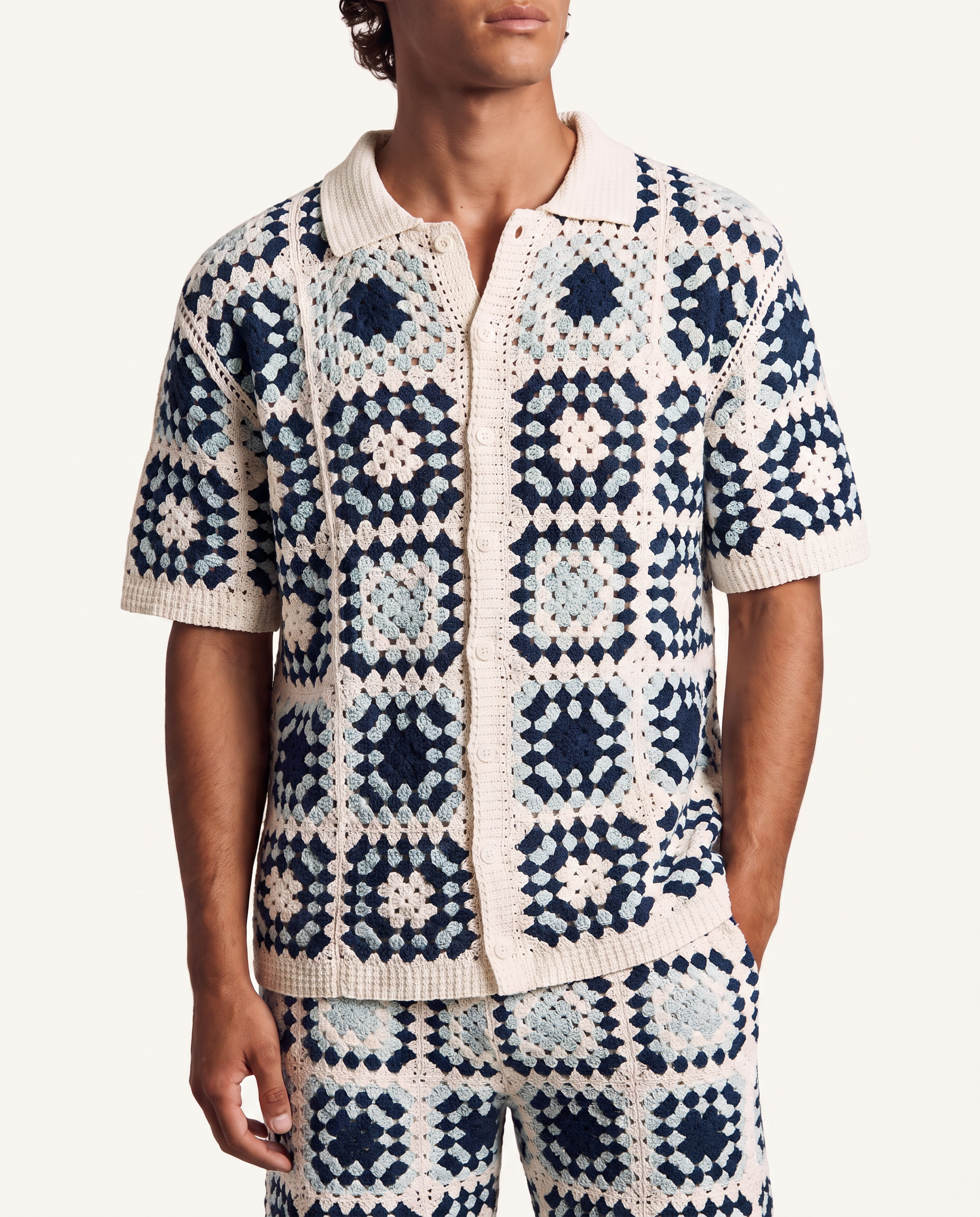 Navy Granny-Square Crochet Shirt & Short Set