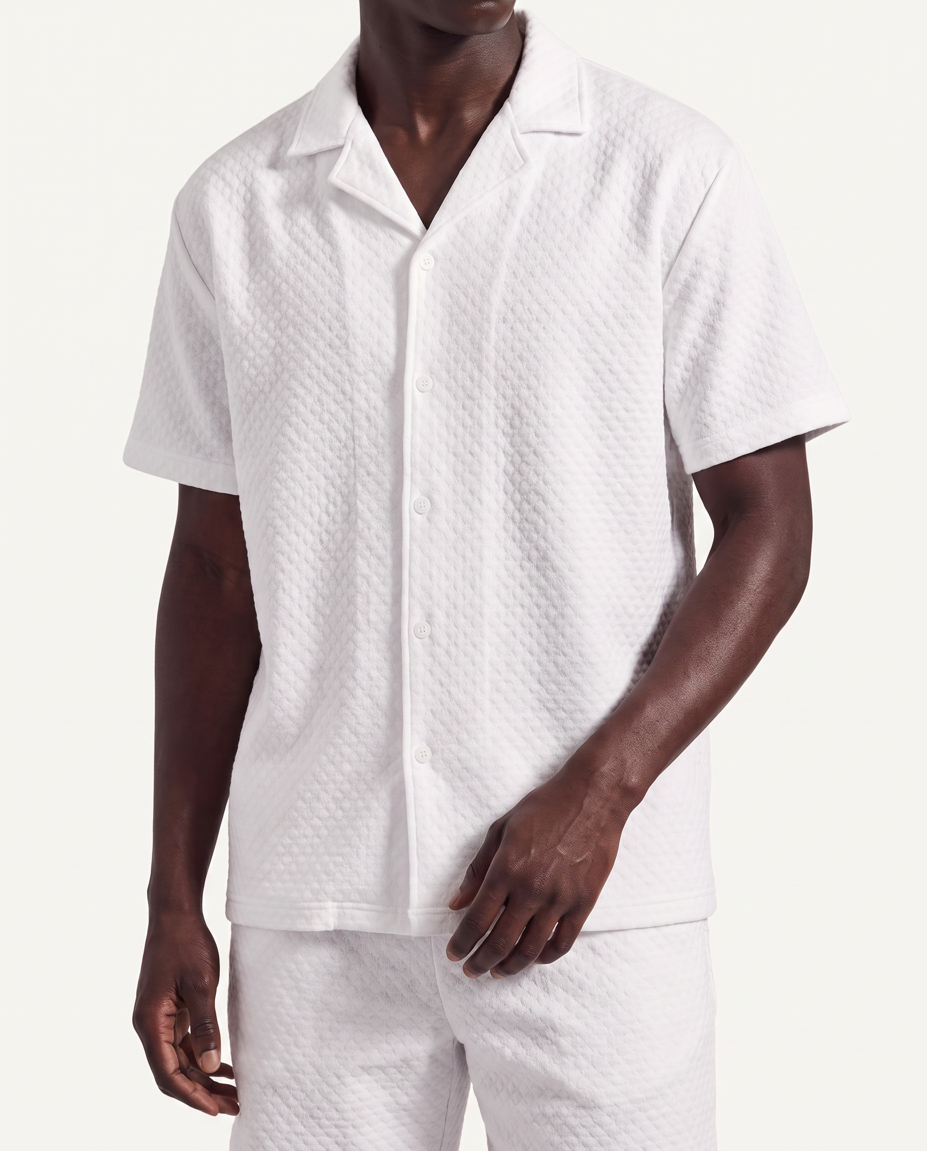 White Waffle Camp-Collar Shirt & Short Set