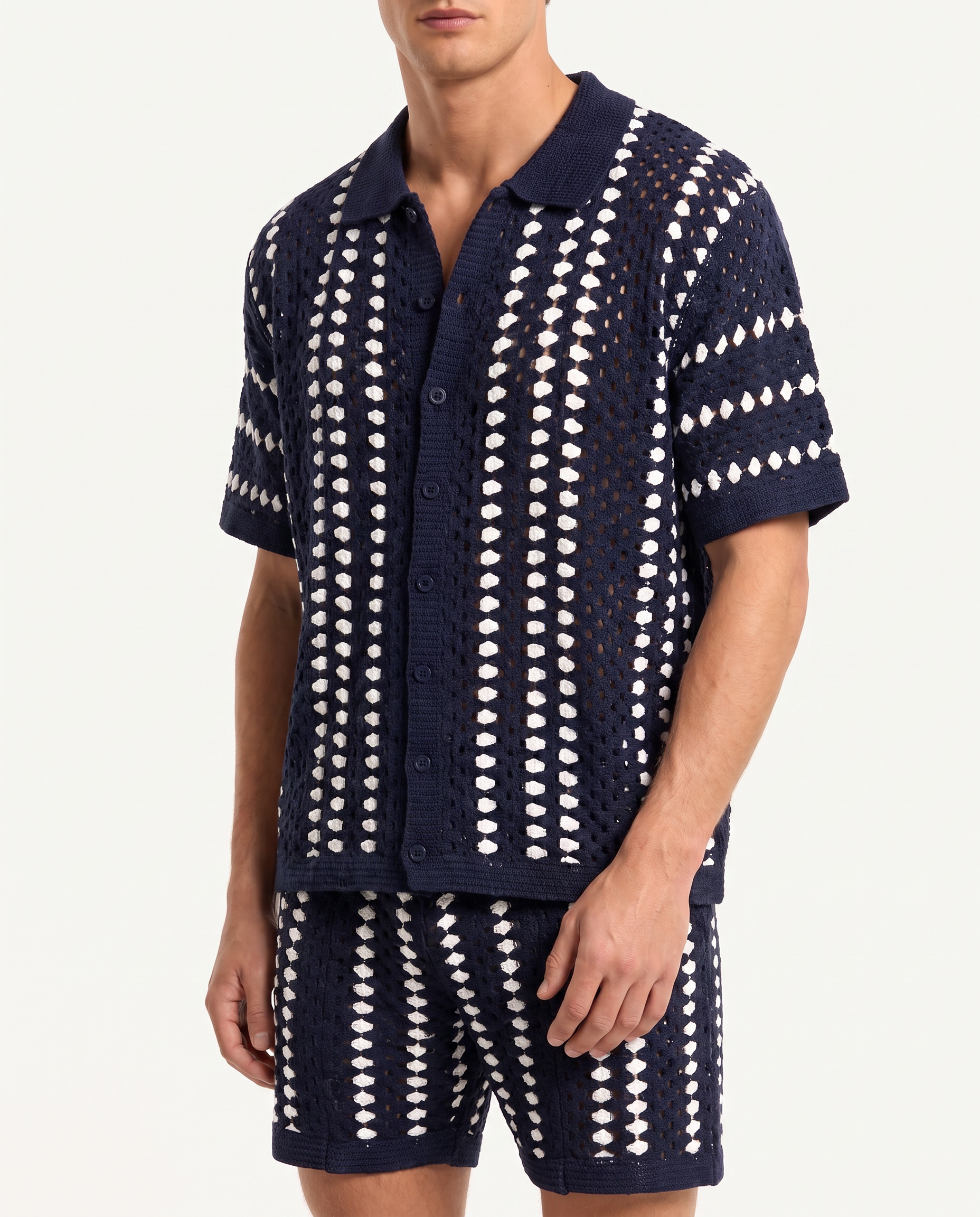 Navy Open-Knit Camp Shirt & Short Set