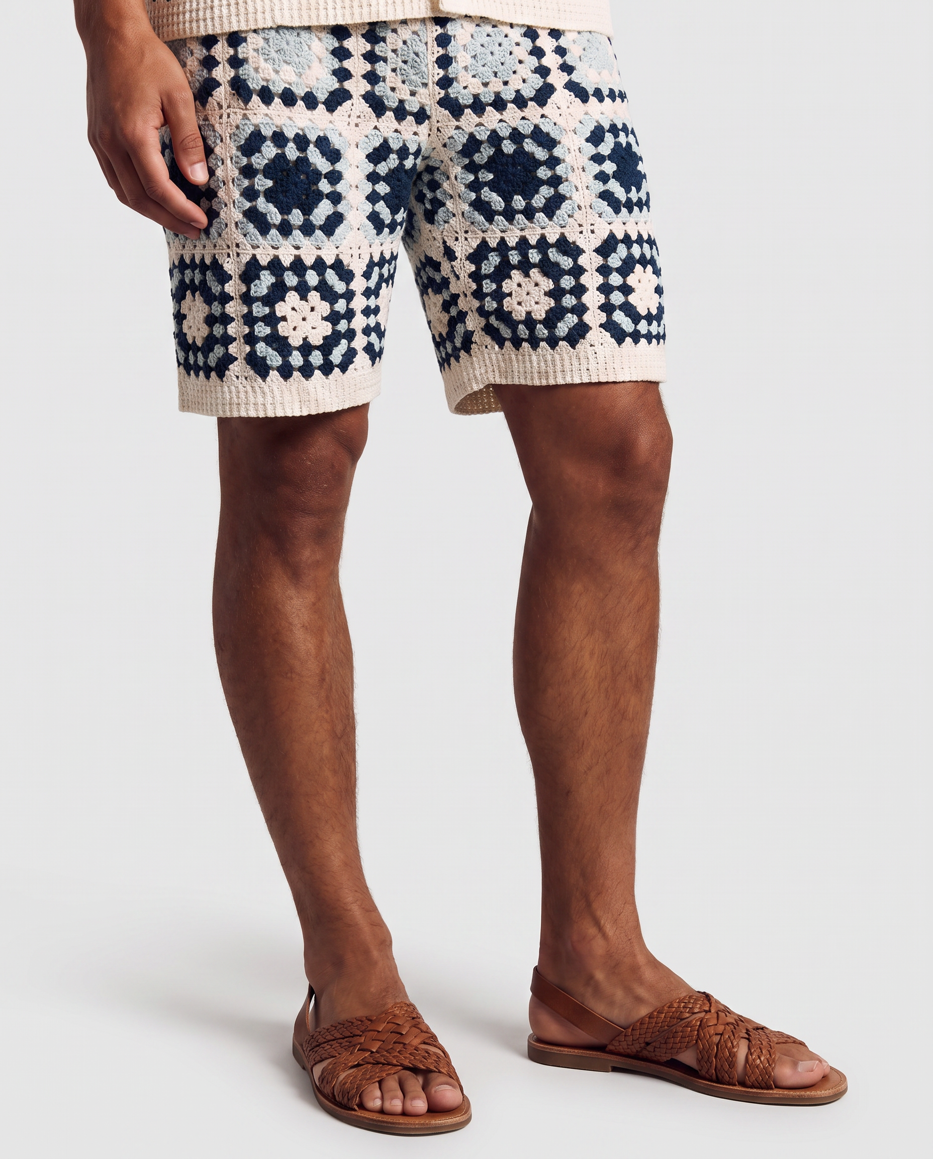 Navy Granny-Square Crochet Shirt & Short Set