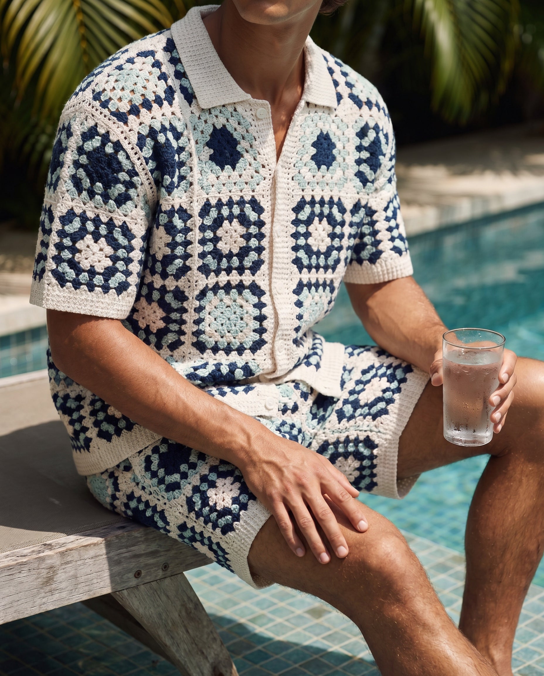 Navy Granny-Square Crochet Shirt & Short Set