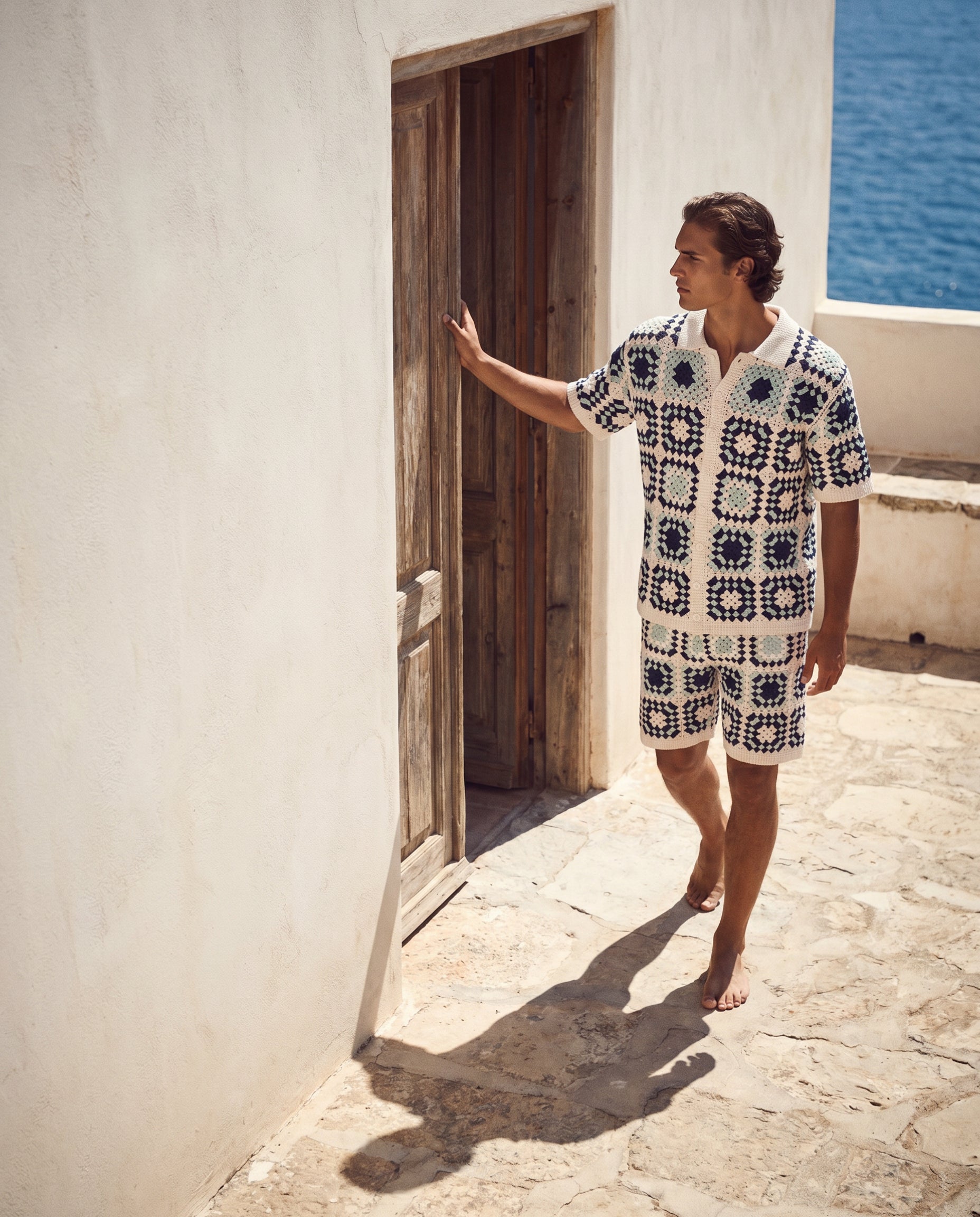 Navy Granny-Square Crochet Shirt & Short Set