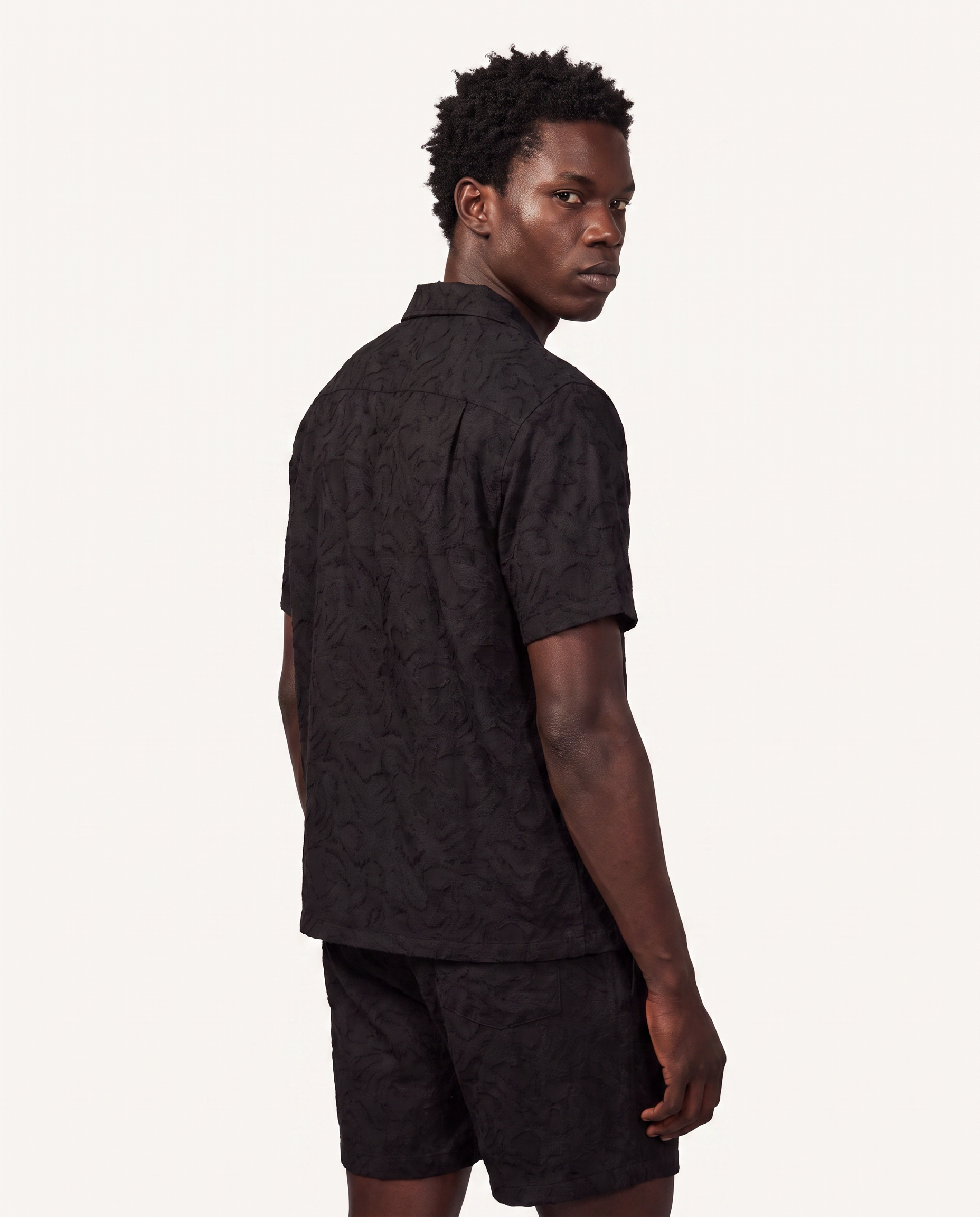Black Tonal Jacquard Camp Shirt & Short Set