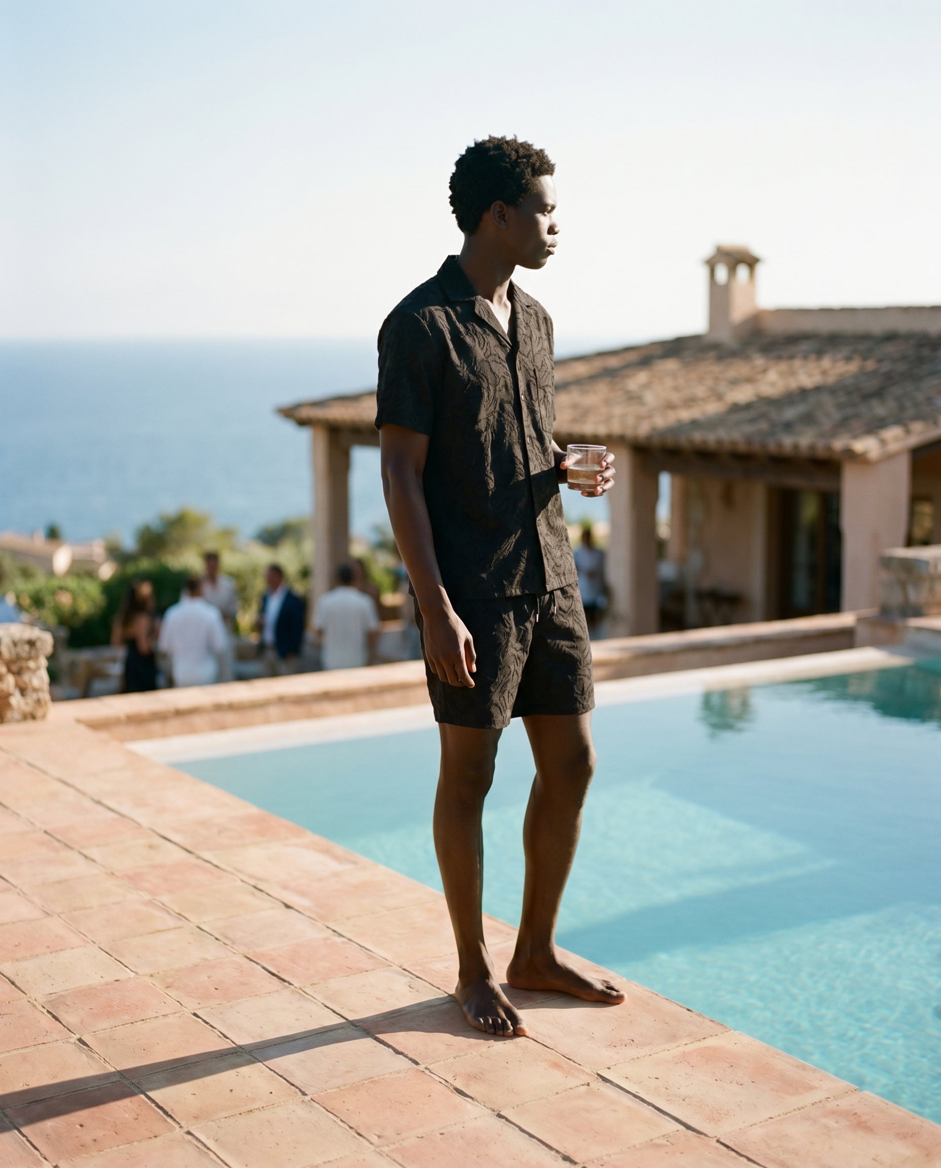 Black Tonal Jacquard Camp Shirt & Short Set