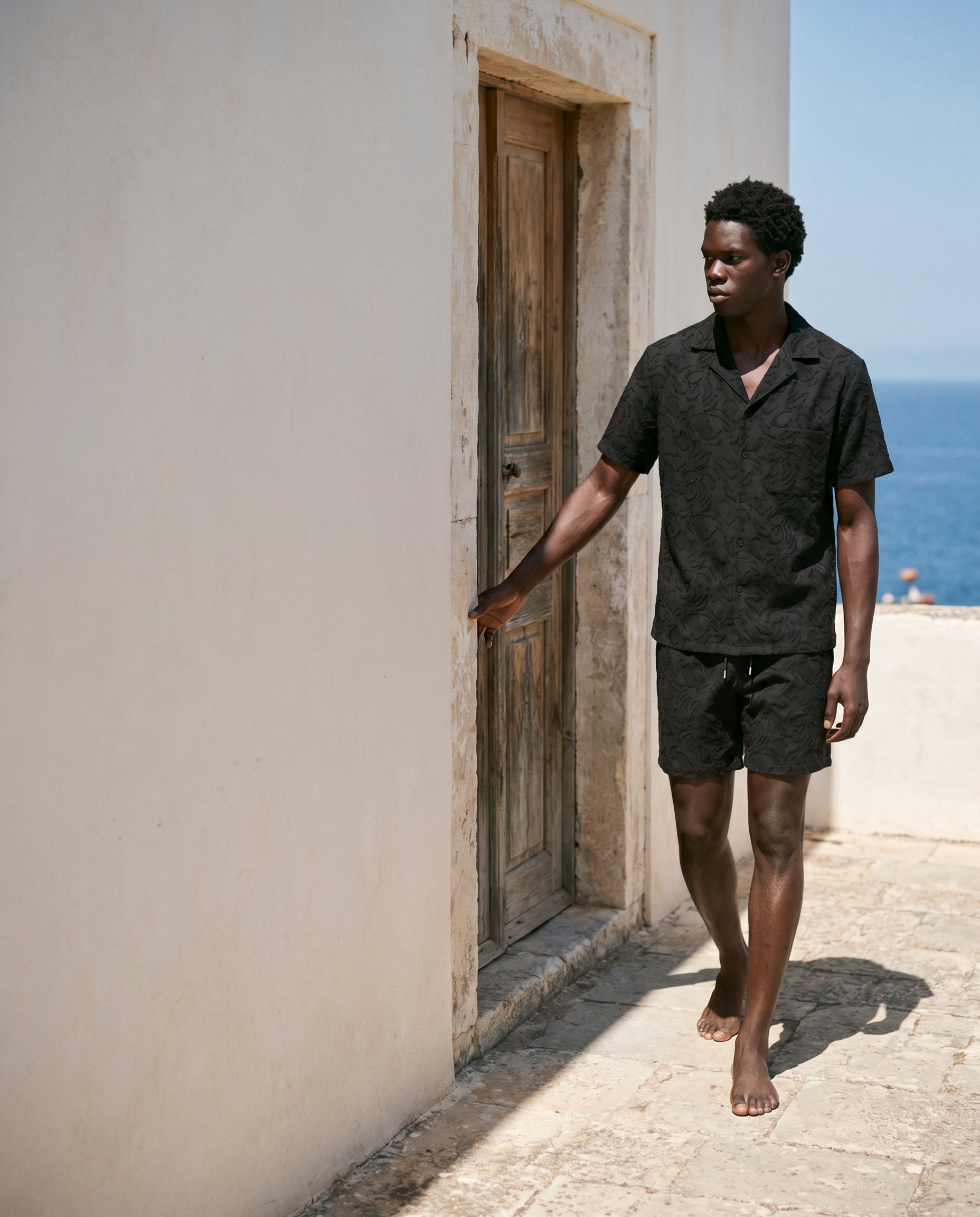 Black Tonal Jacquard Camp Shirt & Short Set