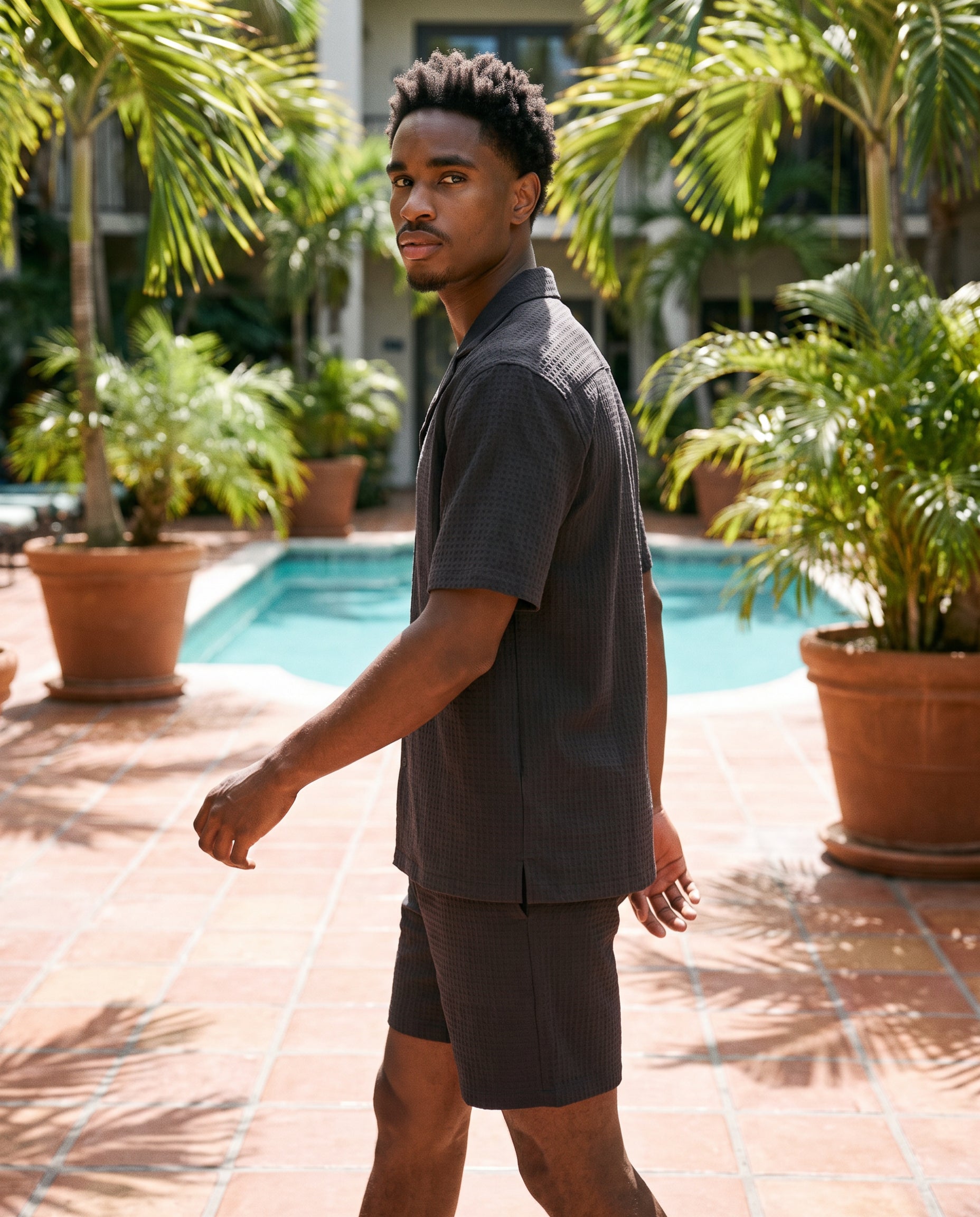 Black Waffle Camp-Collar Shirt & Short Set