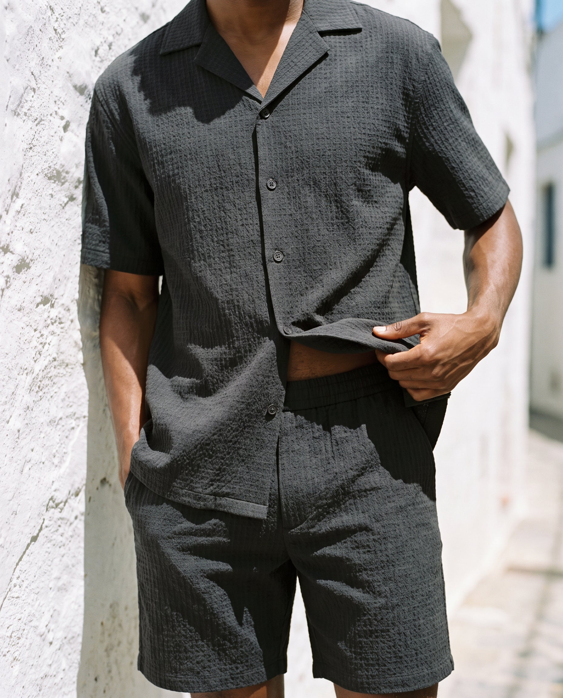 Black Waffle Camp-Collar Shirt & Short Set