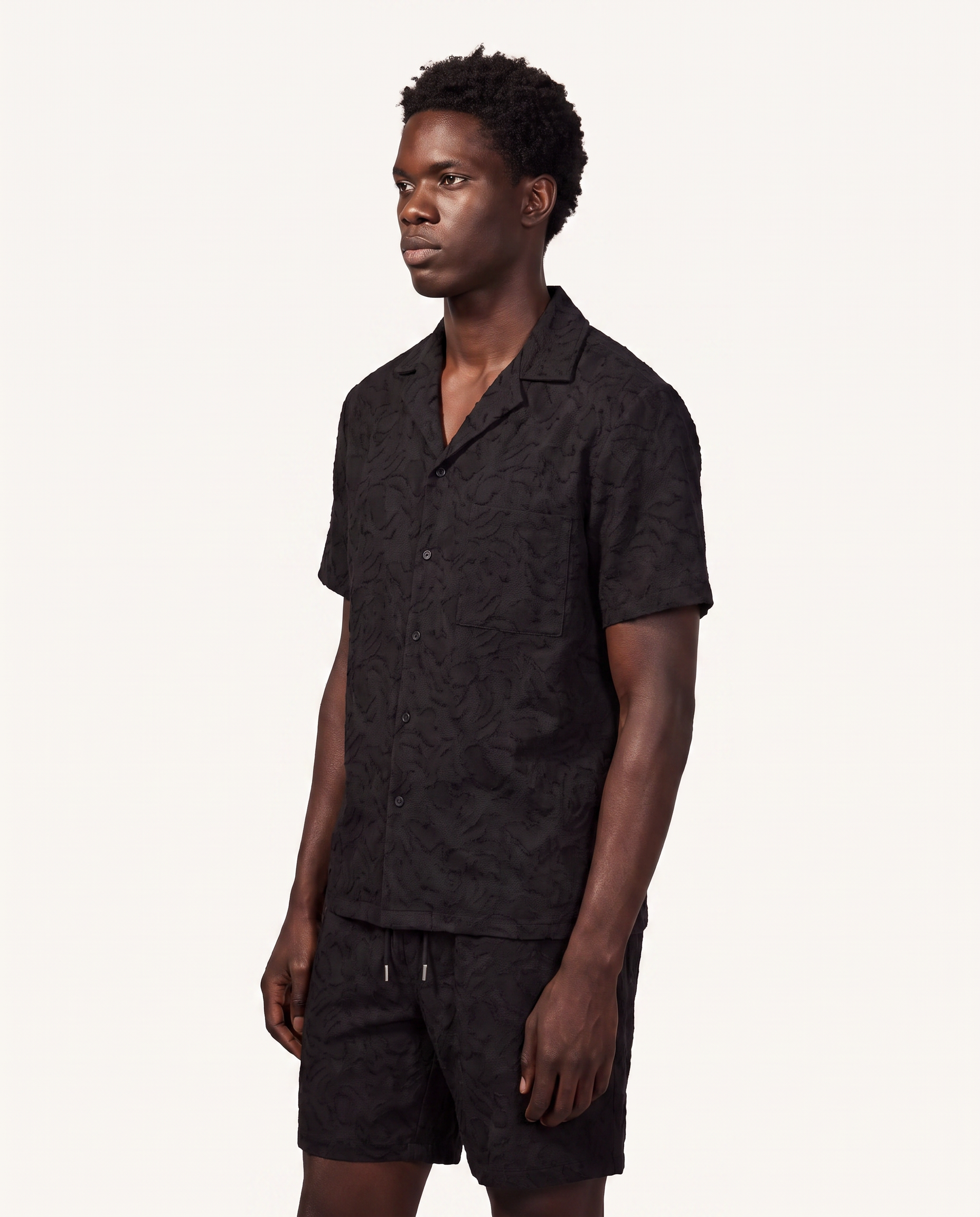 Black Tonal Jacquard Camp Shirt & Short Set