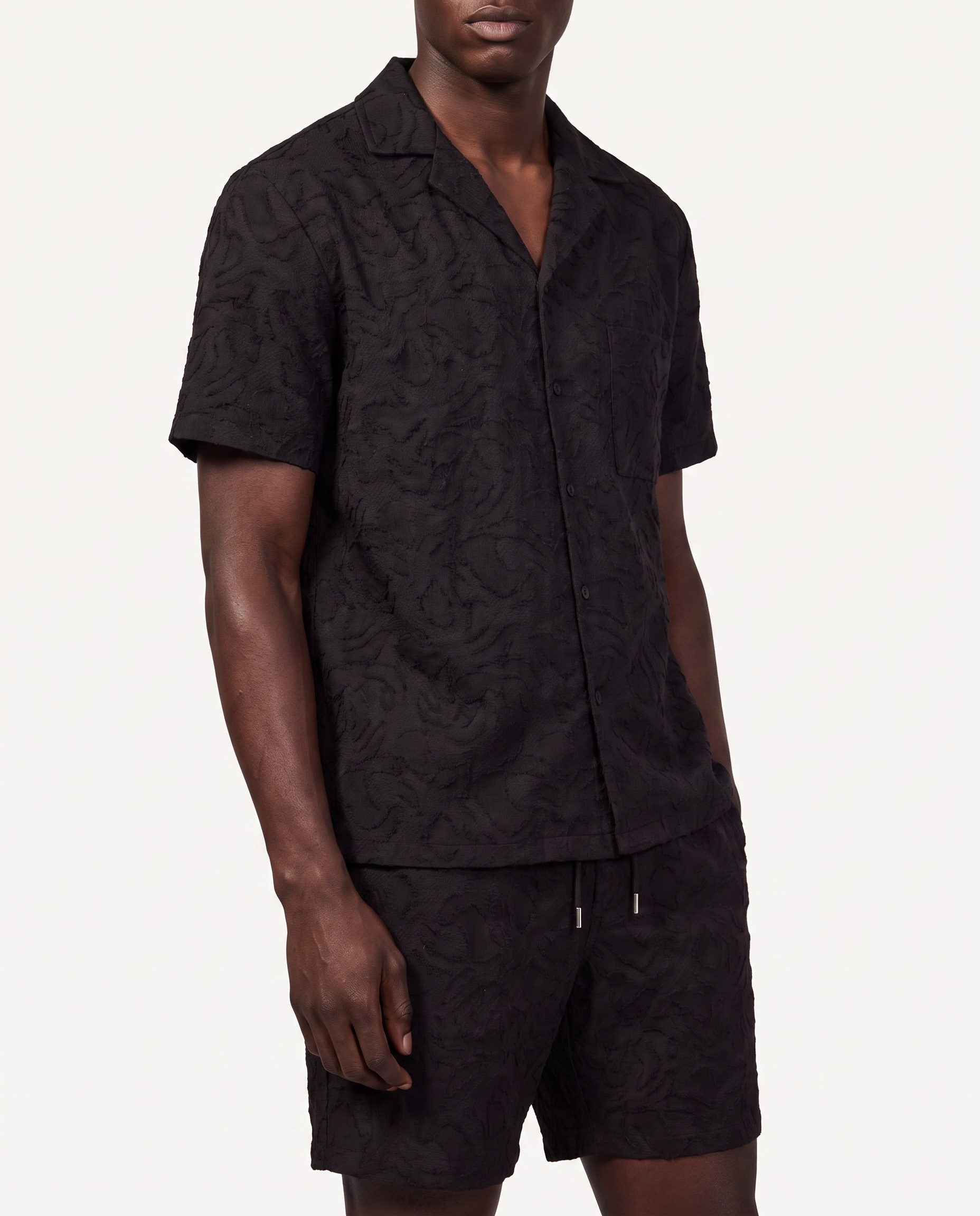 Black Tonal Jacquard Camp Shirt & Short Set