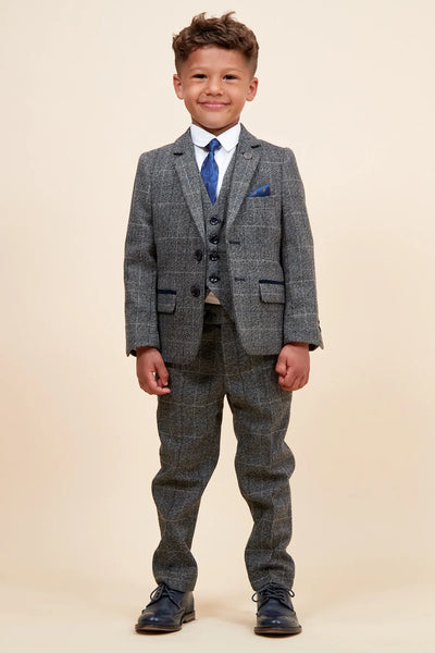 Scott - Boys Grey Check Three Piece Suit
