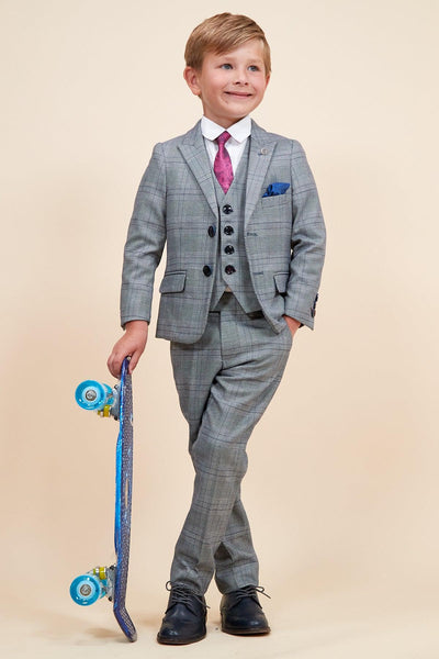 Jerry - Boys Grey Check Three Piece Suit