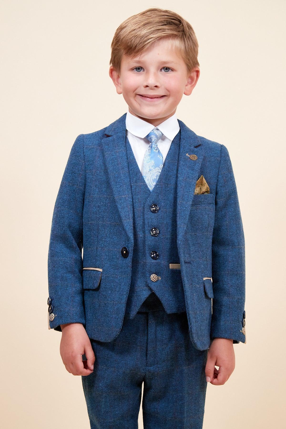 Dion - Childrens Blue Tweed Check Three Piece Suit