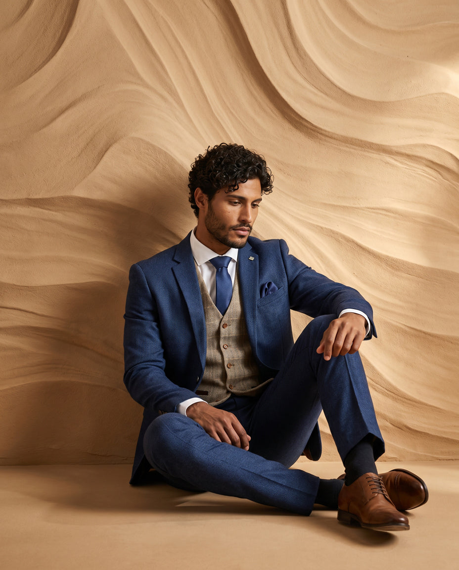 Arthur - Navy Suit with Harris Brown Tweed Waistcoat