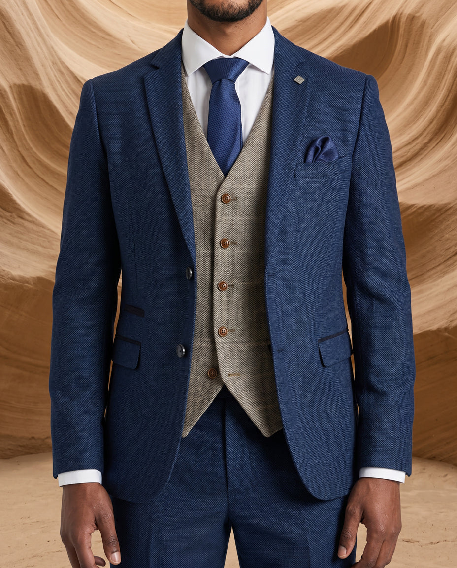 Arthur - Navy Suit with Harris Brown Tweed Waistcoat