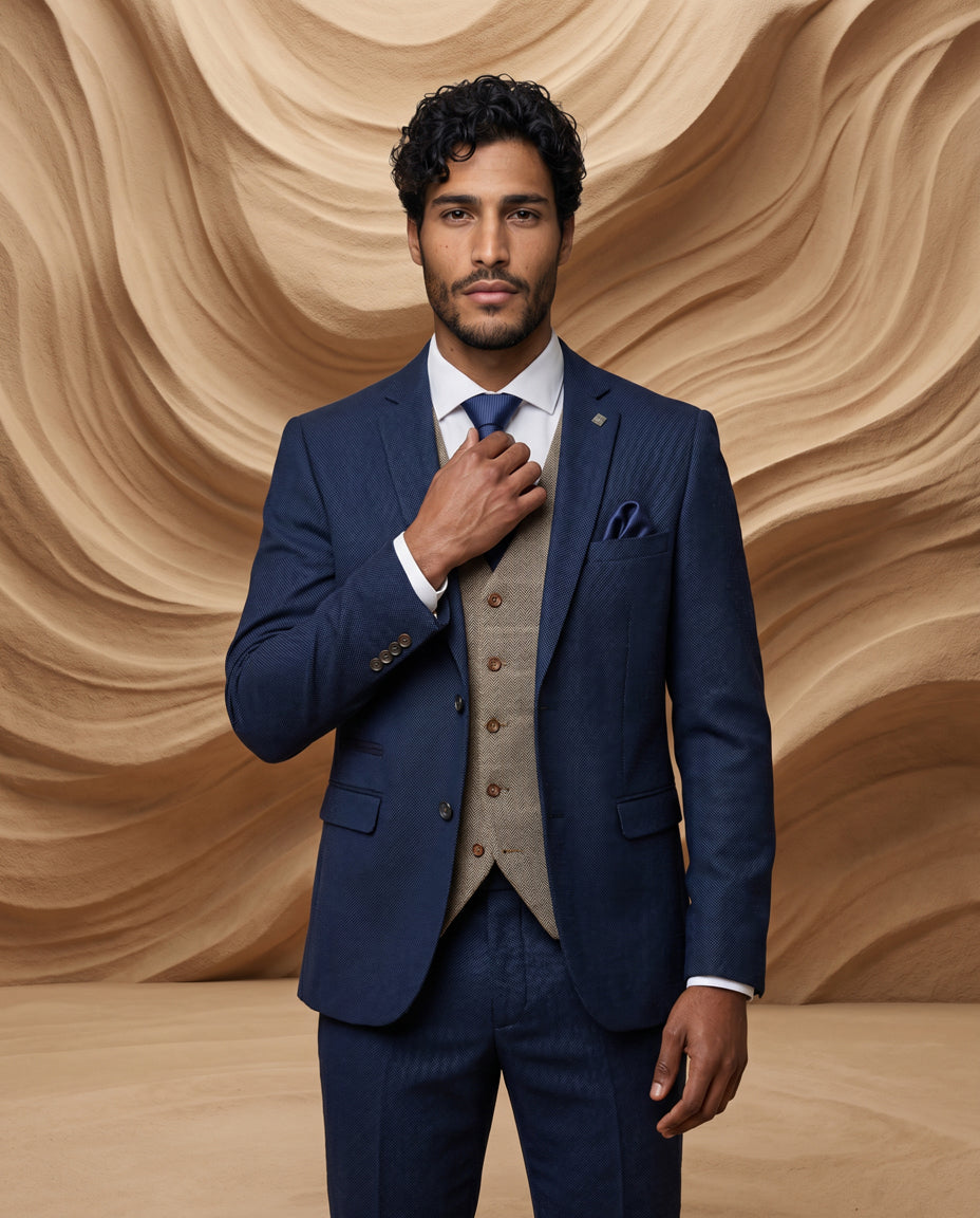 Arthur - Navy Suit with Harris Brown Tweed Waistcoat