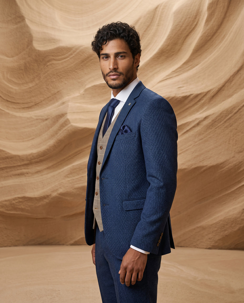 Arthur - Navy Suit with Harris Brown Tweed Waistcoat
