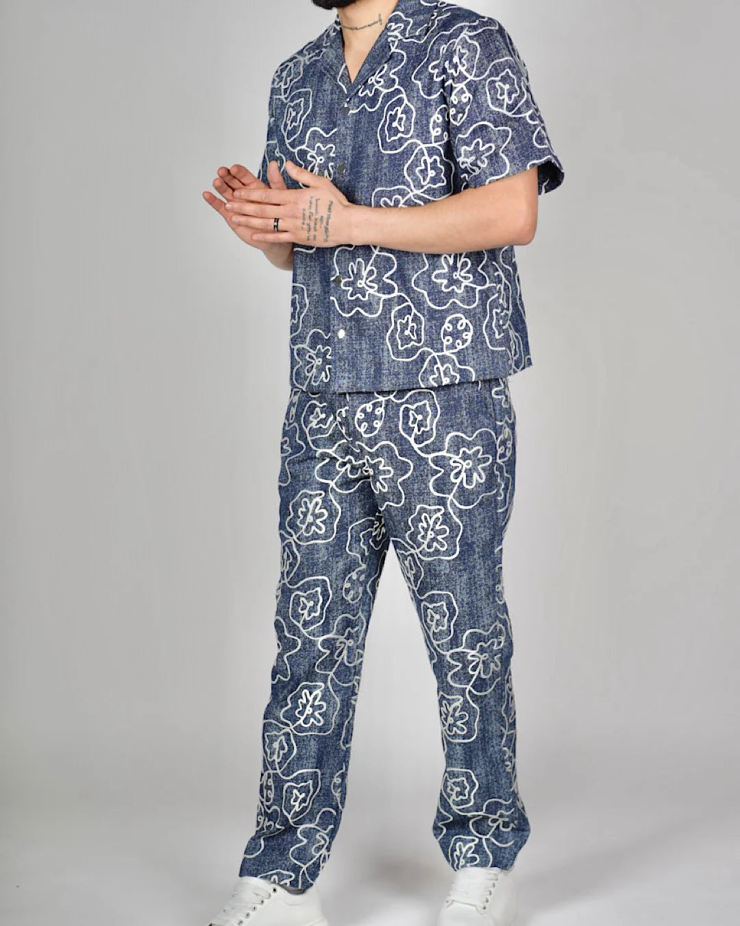 Blue Floral Pattern Shirt & Trouser Set