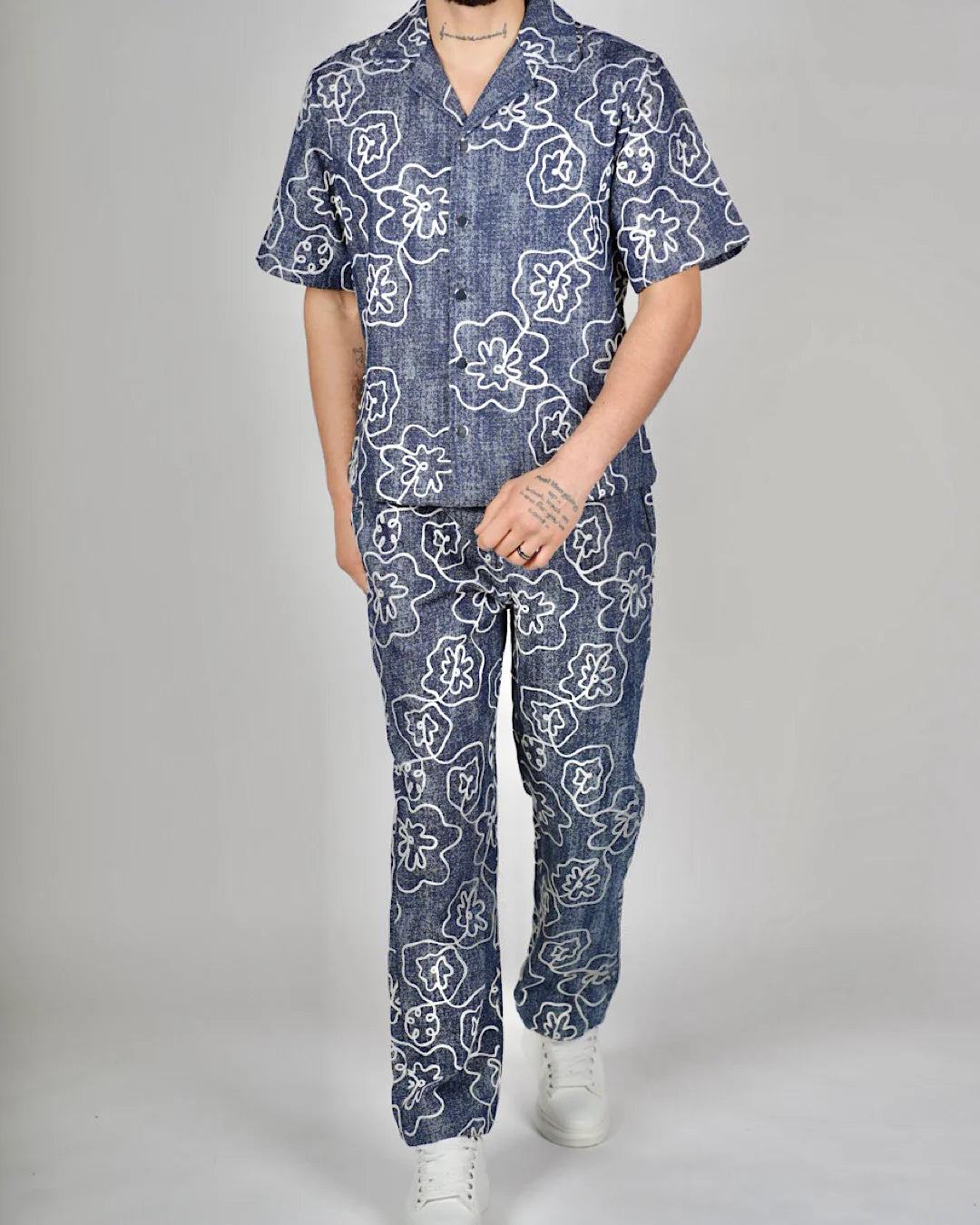 Blue Floral Pattern Shirt & Trouser Set