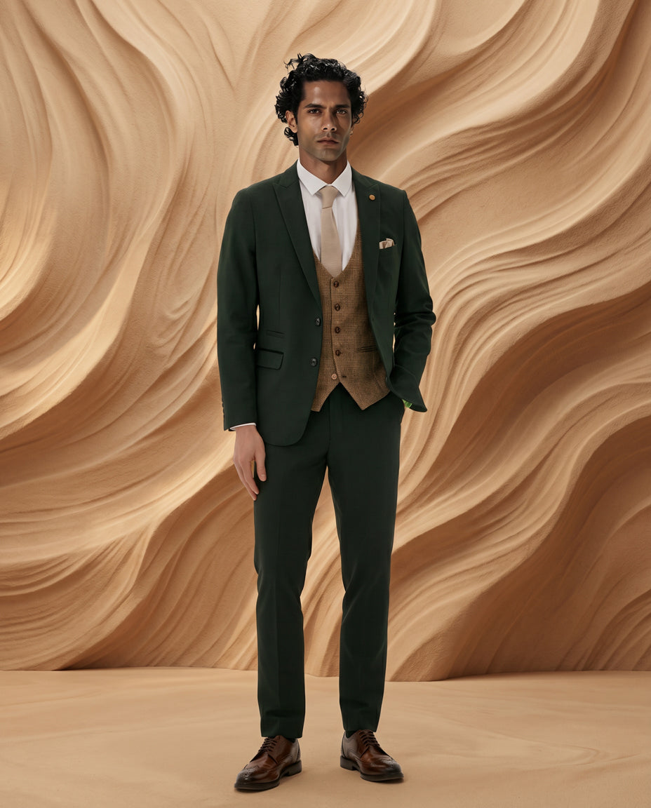 BROMLEY - Olive Green Check Suit With Kris Tan Tweed Waistcoat