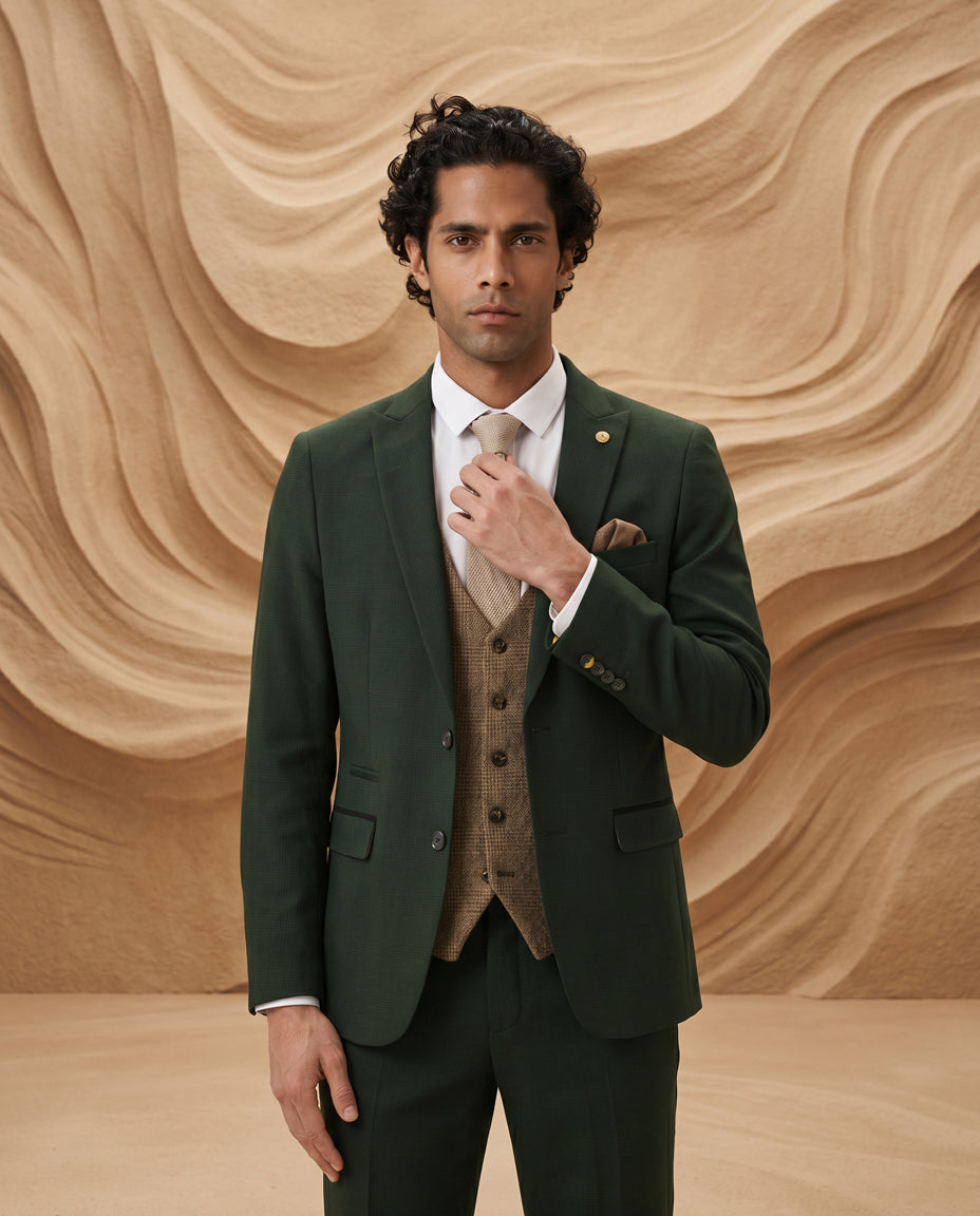 BROMLEY - Olive Green Check Suit With Kris Tan Tweed Waistcoat