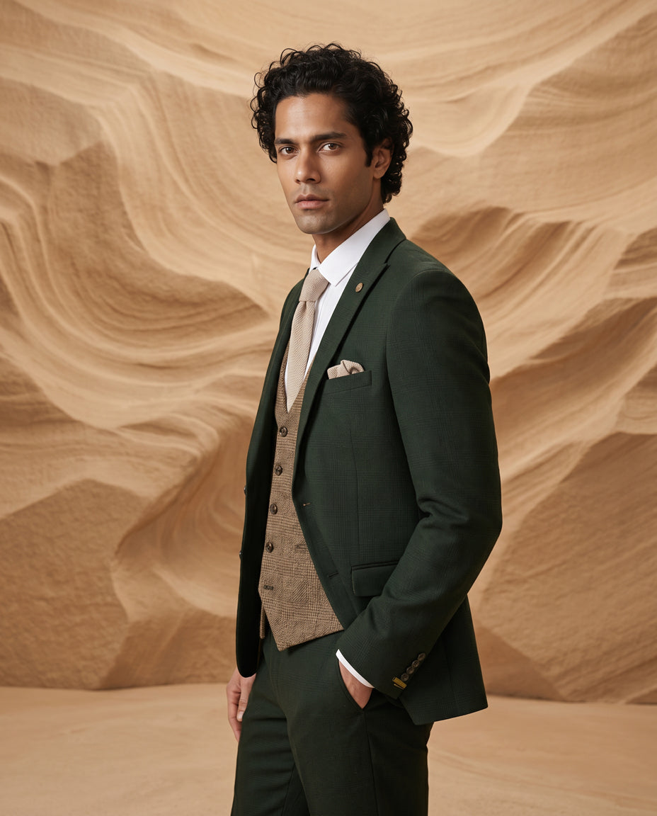 BROMLEY - Olive Green Check Suit With Kris Tan Tweed Waistcoat