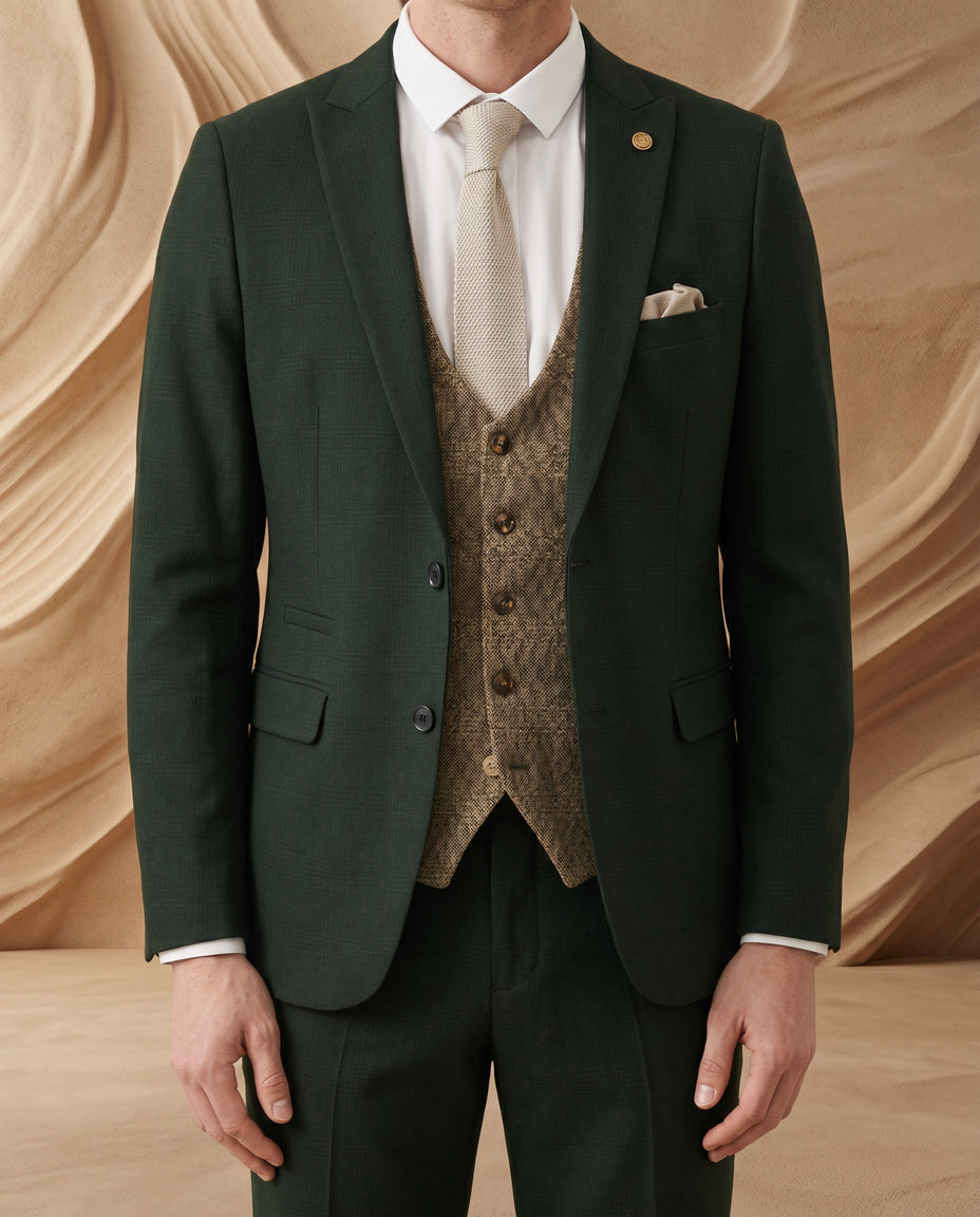 BROMLEY - Olive Green Check Suit With Kris Tan Tweed Waistcoat