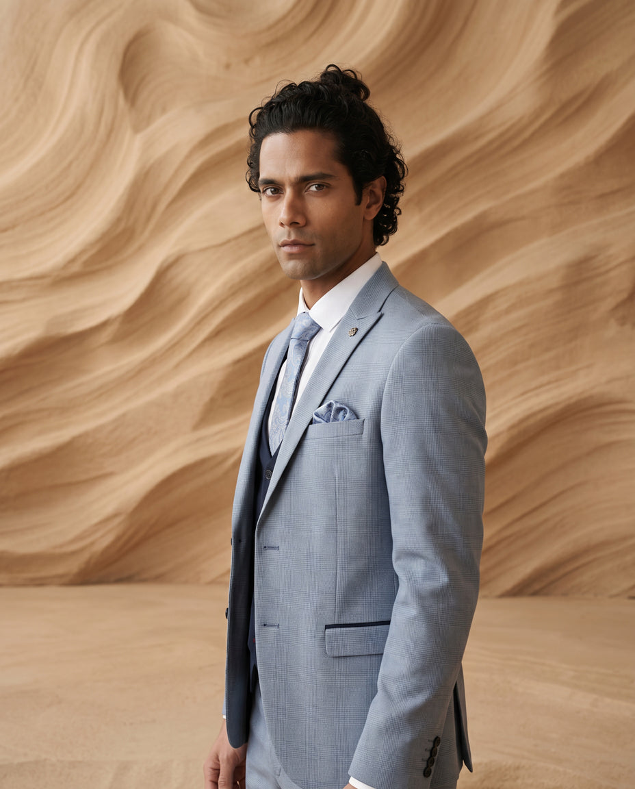 BROMLEY - Sky Check Suit with Kelvin Navy Waistcoat