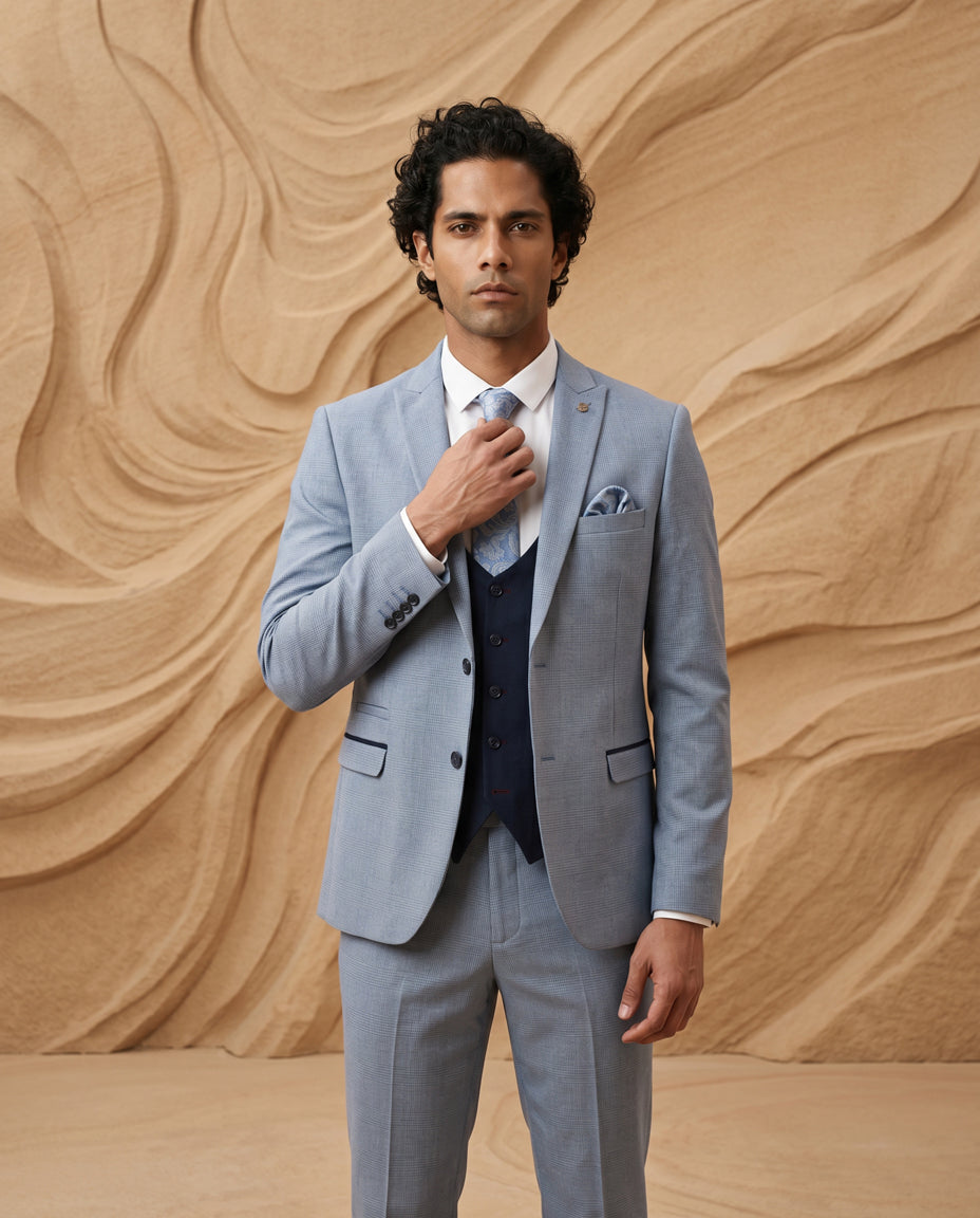 BROMLEY - Sky Check Suit with Kelvin Navy Waistcoat