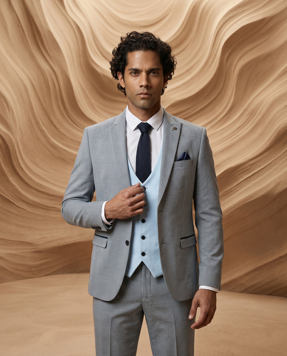 BROMLEY - Sky Check Suit with Kelvin Sky Waistcoat