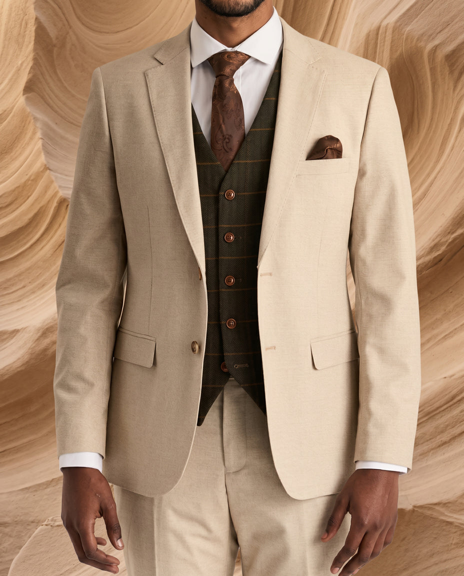 Belmont Beige Suit with Harris Green Tweed Waistcoat
