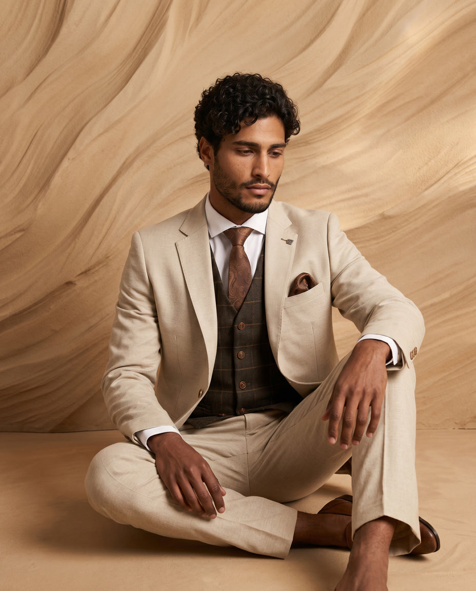 Belmont Beige Suit with Harris Green Tweed Waistcoat