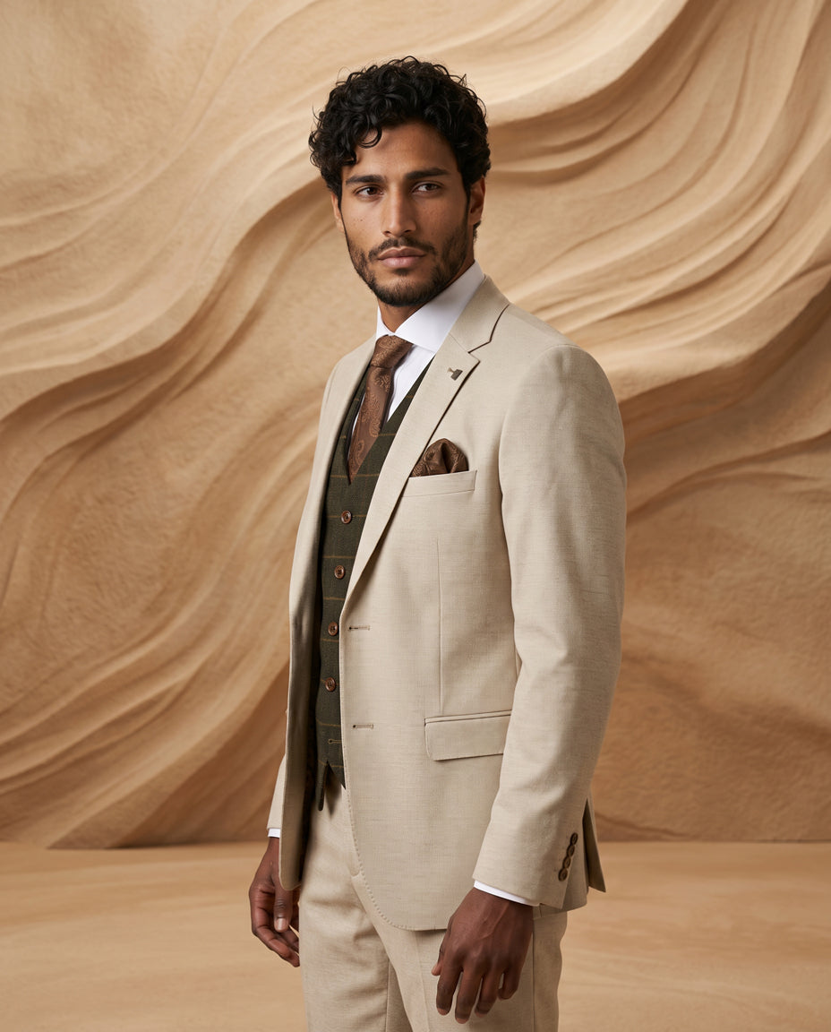 Belmont Beige Suit with Harris Green Tweed Waistcoat