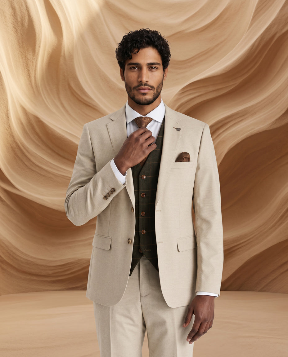 Belmont Beige Suit with Harris Green Tweed Waistcoat