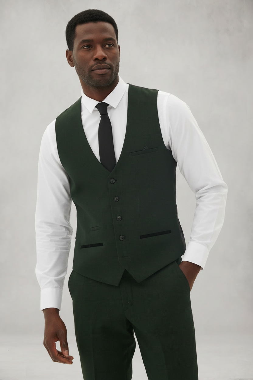 Bromley - Olive Green Single Breasted Check Waistcoat