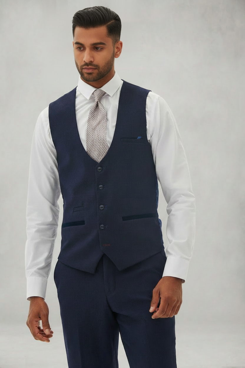 Bromley - Navy Single Breasted Check Waistcoat