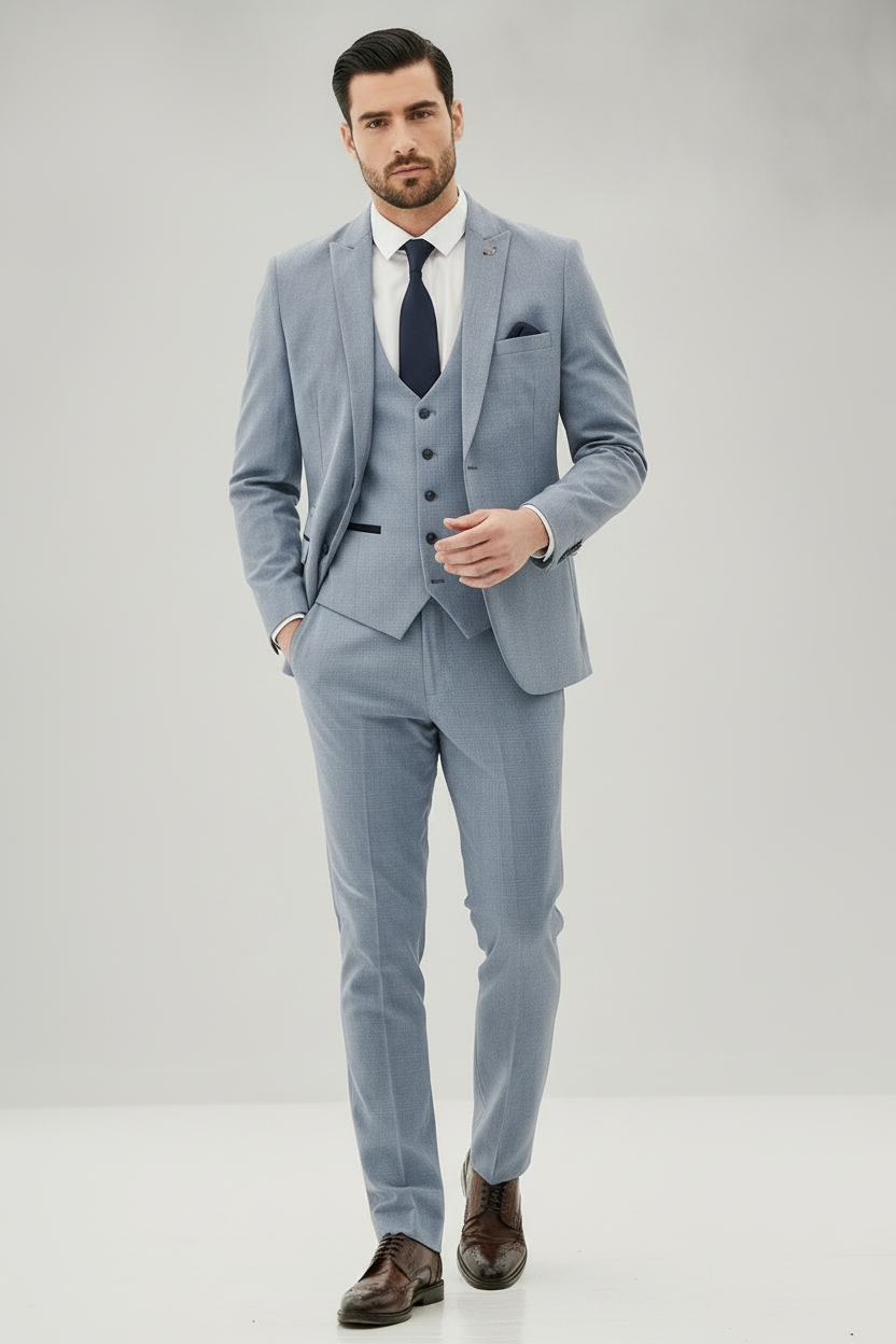 Bromley - Sky Blue Check Three Piece Suit