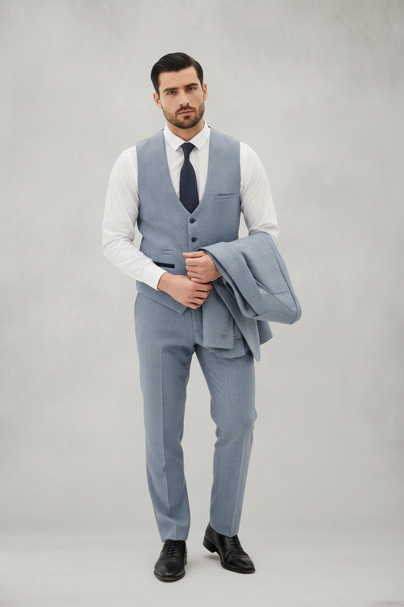 Bromley - Sky Blue Check Three Piece Suit