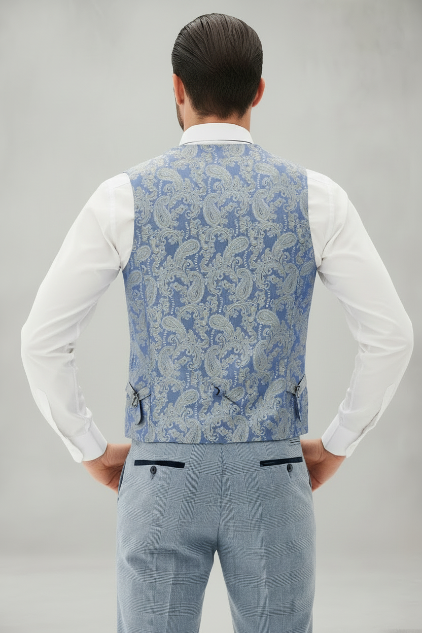 Bromley - Sky Blue Single Breasted Check Waistcoat