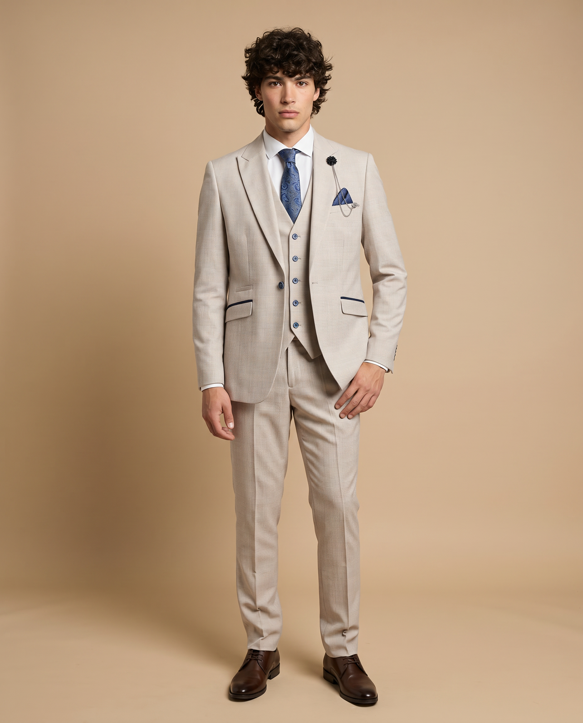 Caridi - Beige Regular Check Three Piece Prom Suit