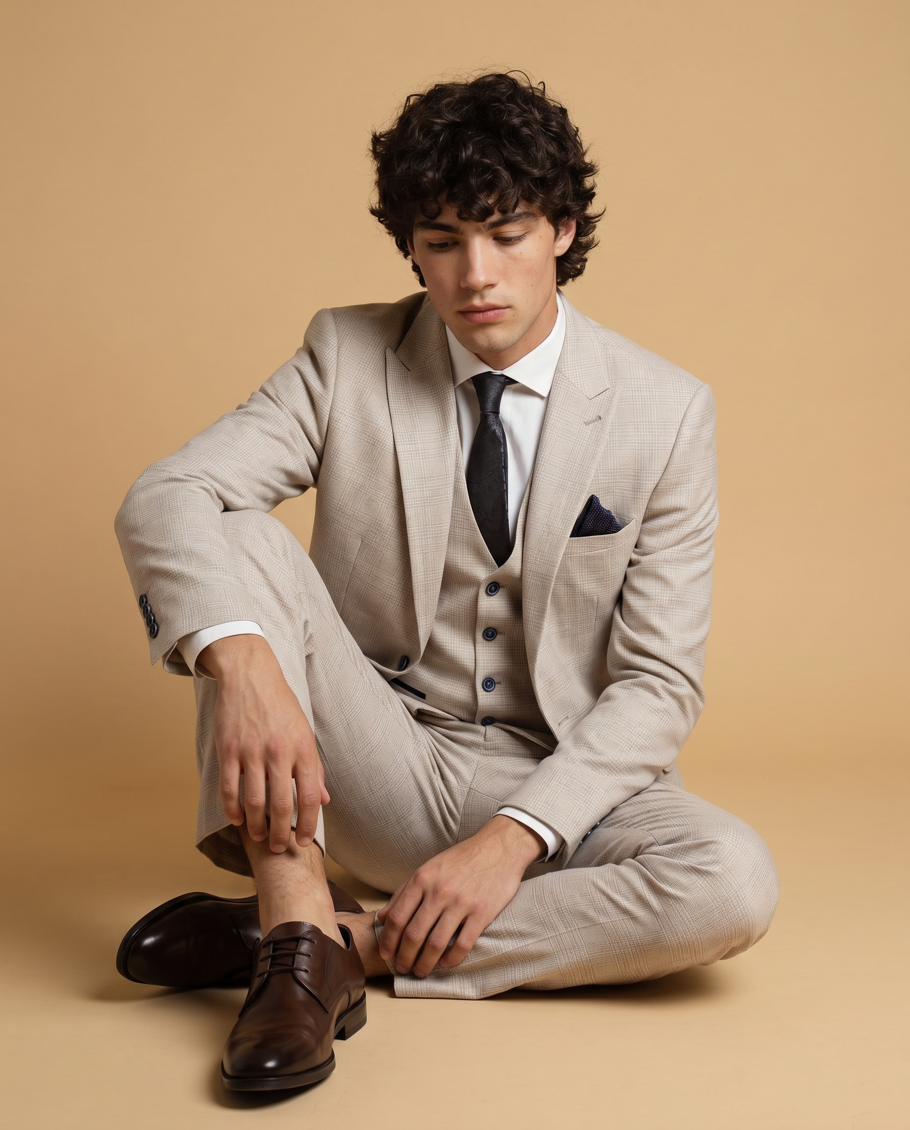 Caridi - Beige Regular Check Three Piece Prom Suit