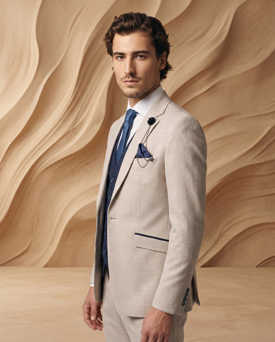 Caridi - Beige With Lennox Navy Double Breasted Waistcoat